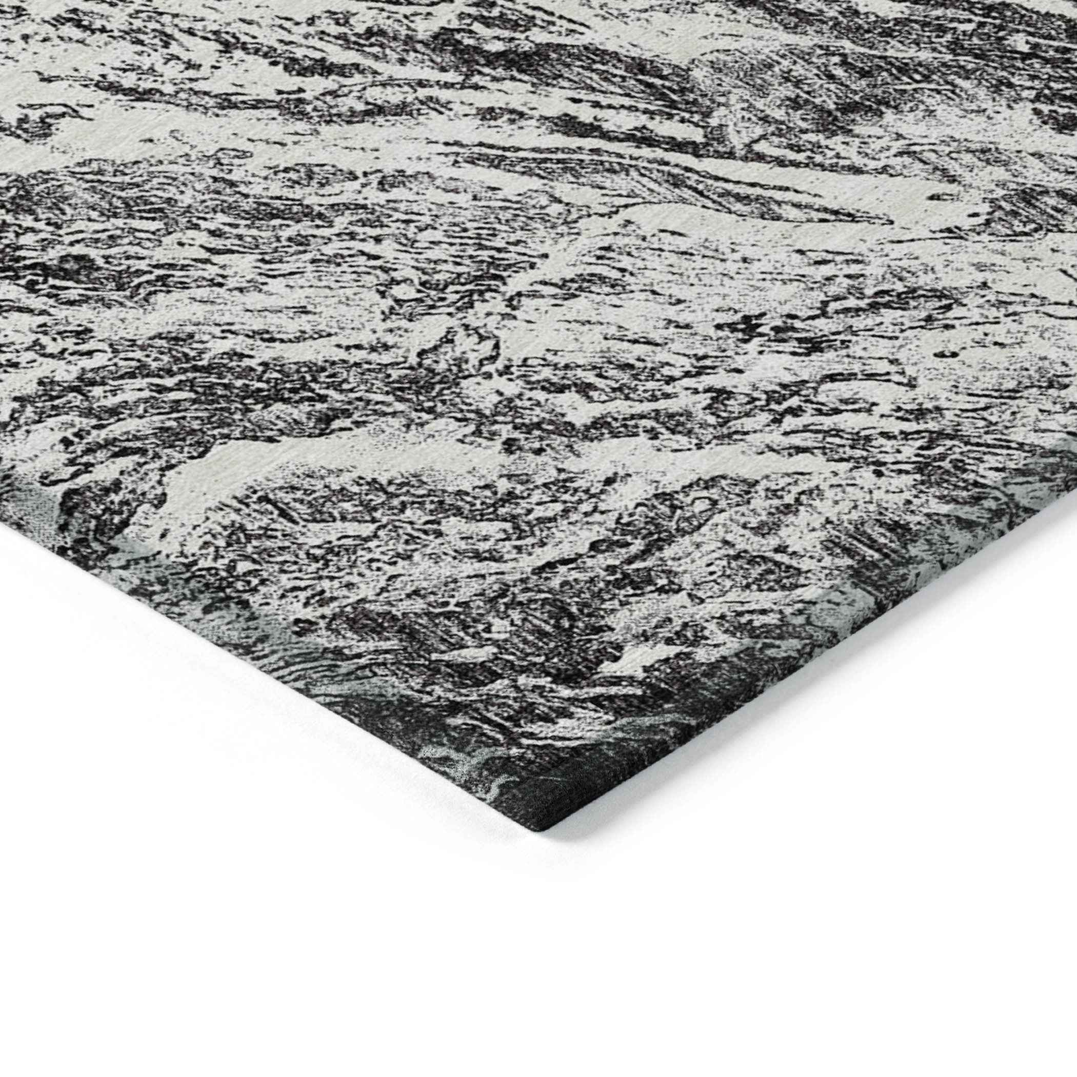 9' X 12' Black And Ivory Abstract Washable Indoor Outdoor Area Rug