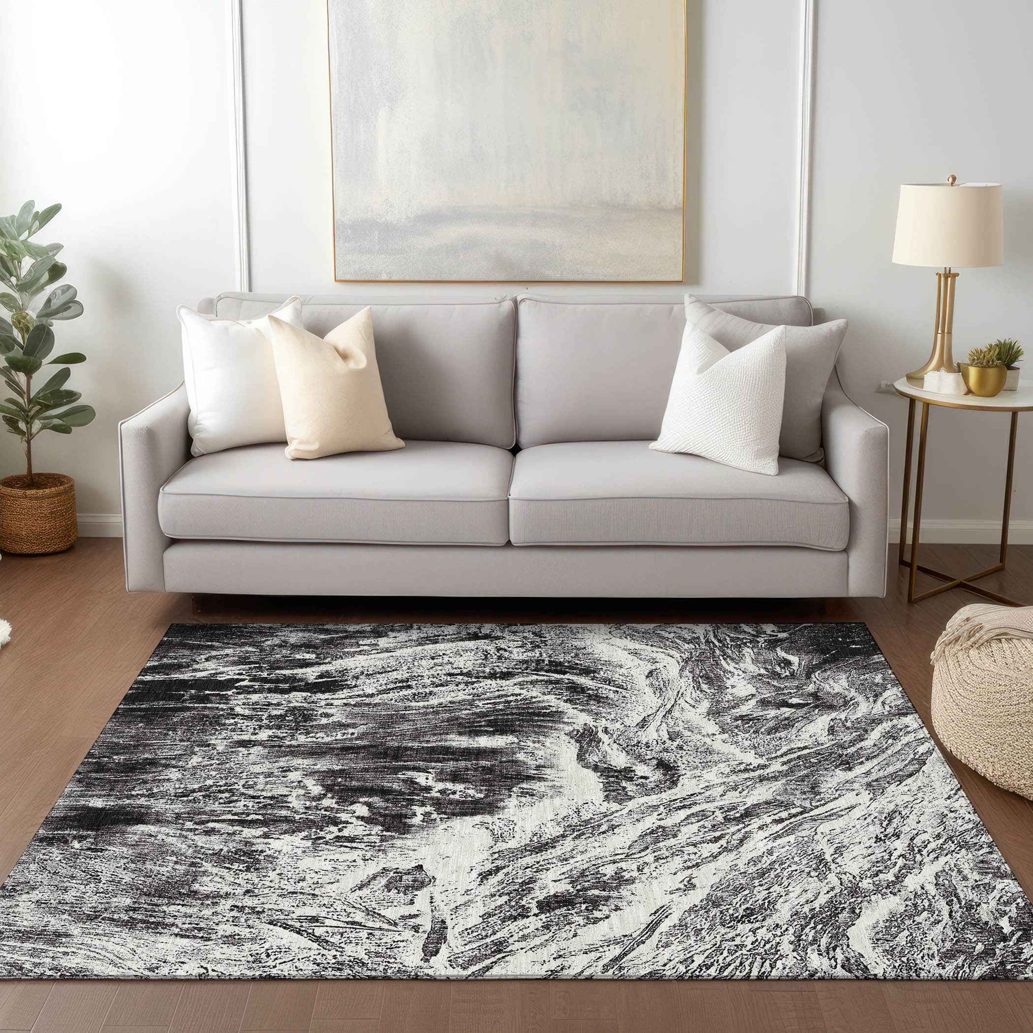 9' X 12' Black And Ivory Abstract Washable Indoor Outdoor Area Rug