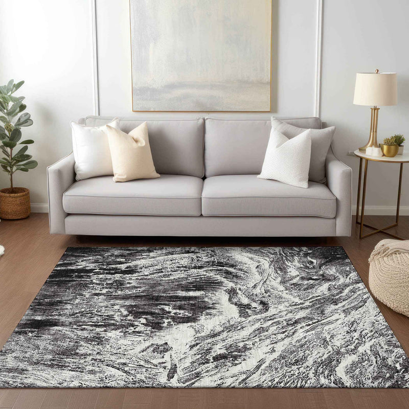 9' X 12' Black And Ivory Abstract Washable Indoor Outdoor Area Rug
