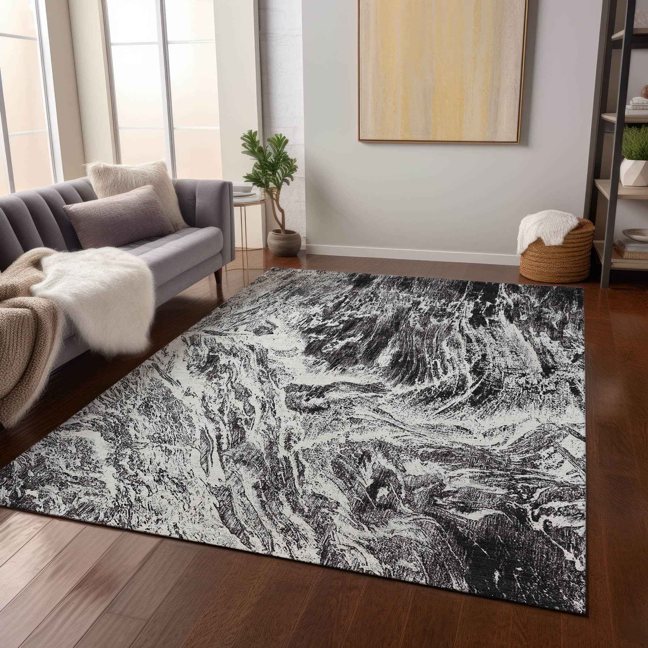 9' X 12' Black And Ivory Abstract Washable Indoor Outdoor Area Rug