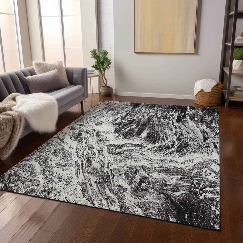 9' X 12' Black And Ivory Abstract Washable Indoor Outdoor Area Rug