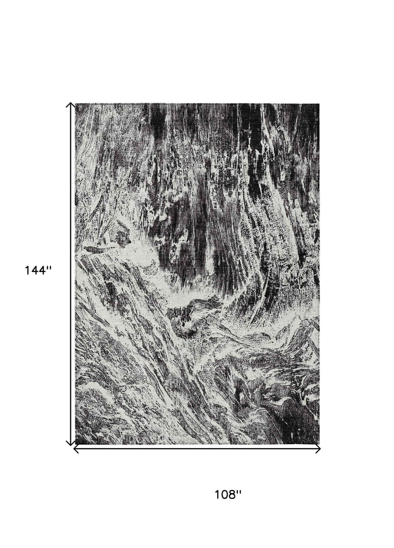 9' X 12' Black And Ivory Abstract Washable Indoor Outdoor Area Rug