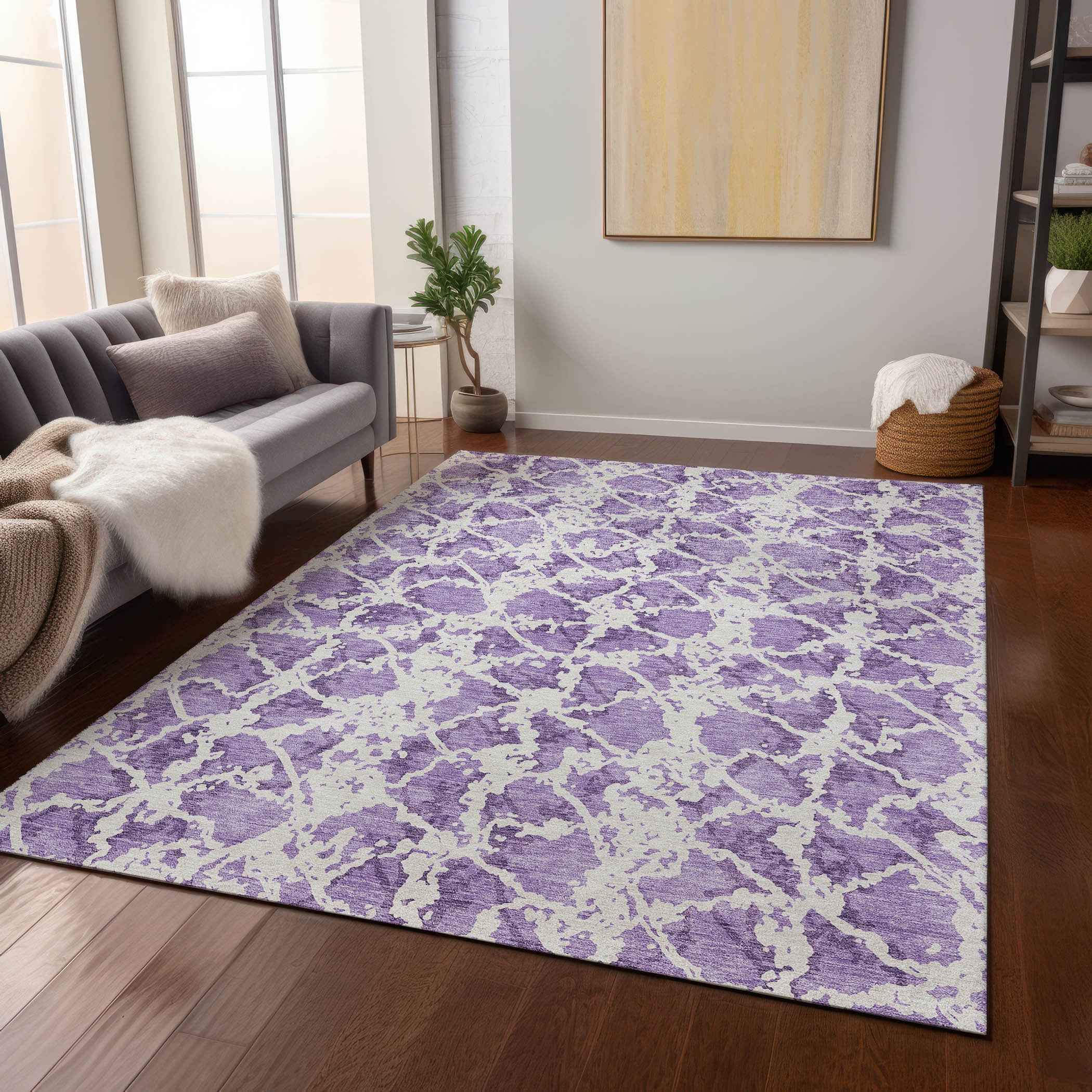 3' X 5' Lilac And Ivory Abstract Washable Indoor Outdoor Area Rug