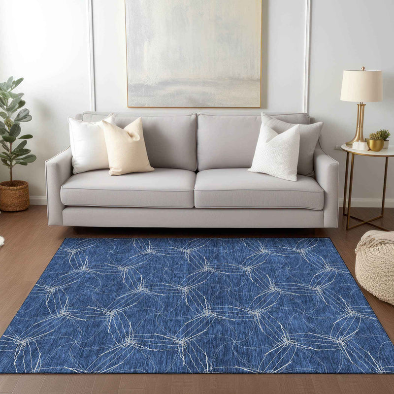 5' X 8' Navy Blue And Ivory Geometric Washable Indoor Outdoor Area Rug