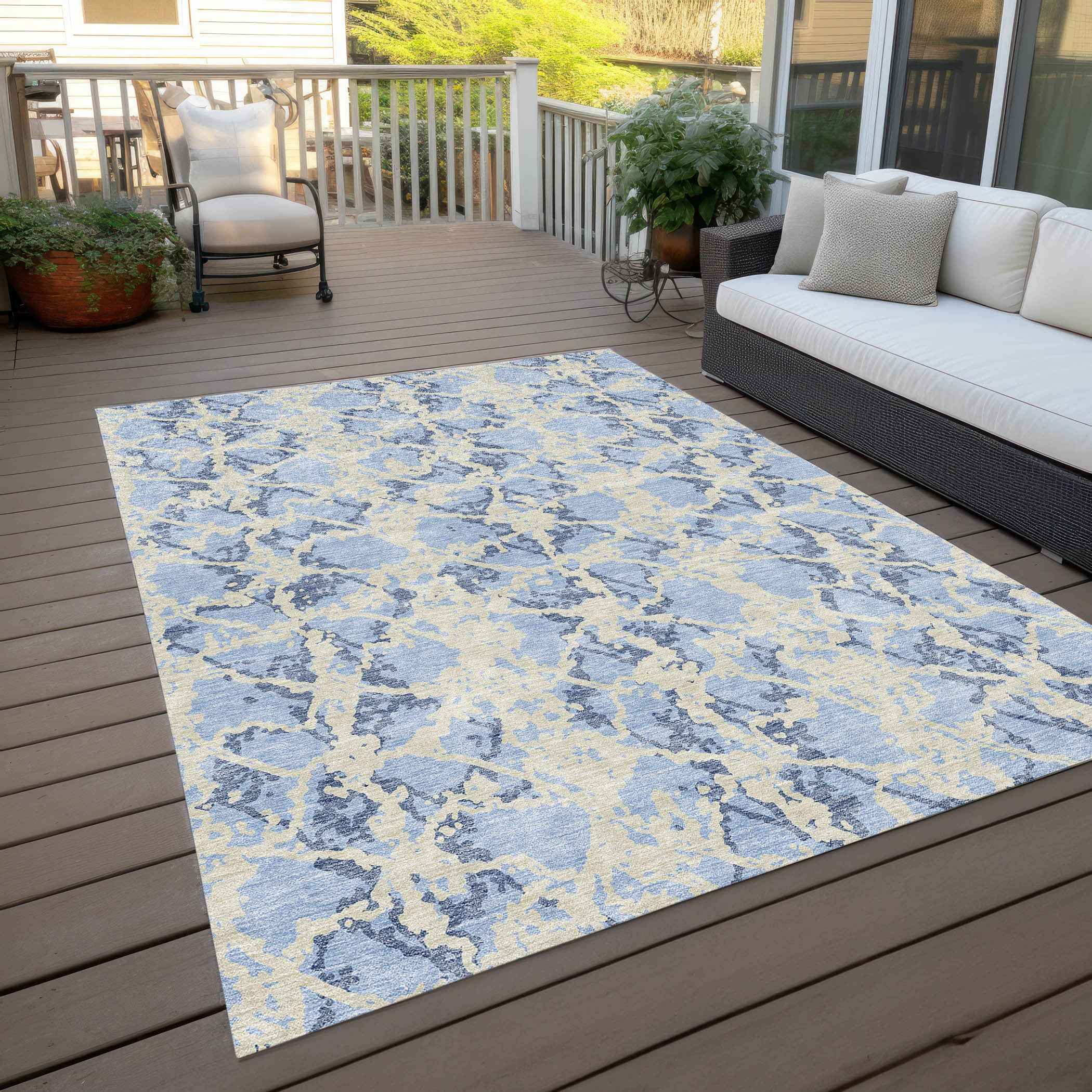 3' X 5' Sky Blue And Ivory Abstract Washable Indoor Outdoor Area Rug