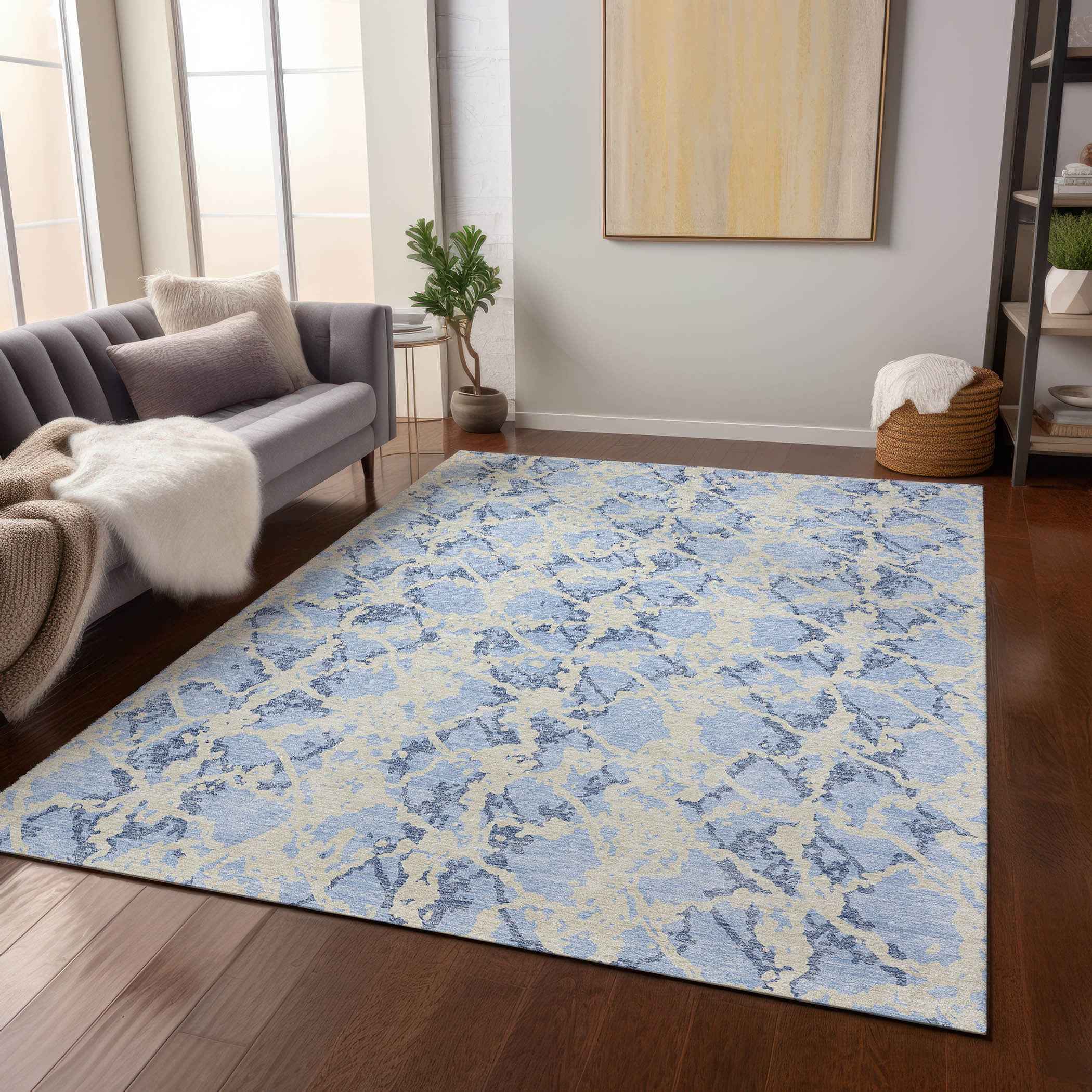 3' X 5' Sky Blue And Ivory Abstract Washable Indoor Outdoor Area Rug