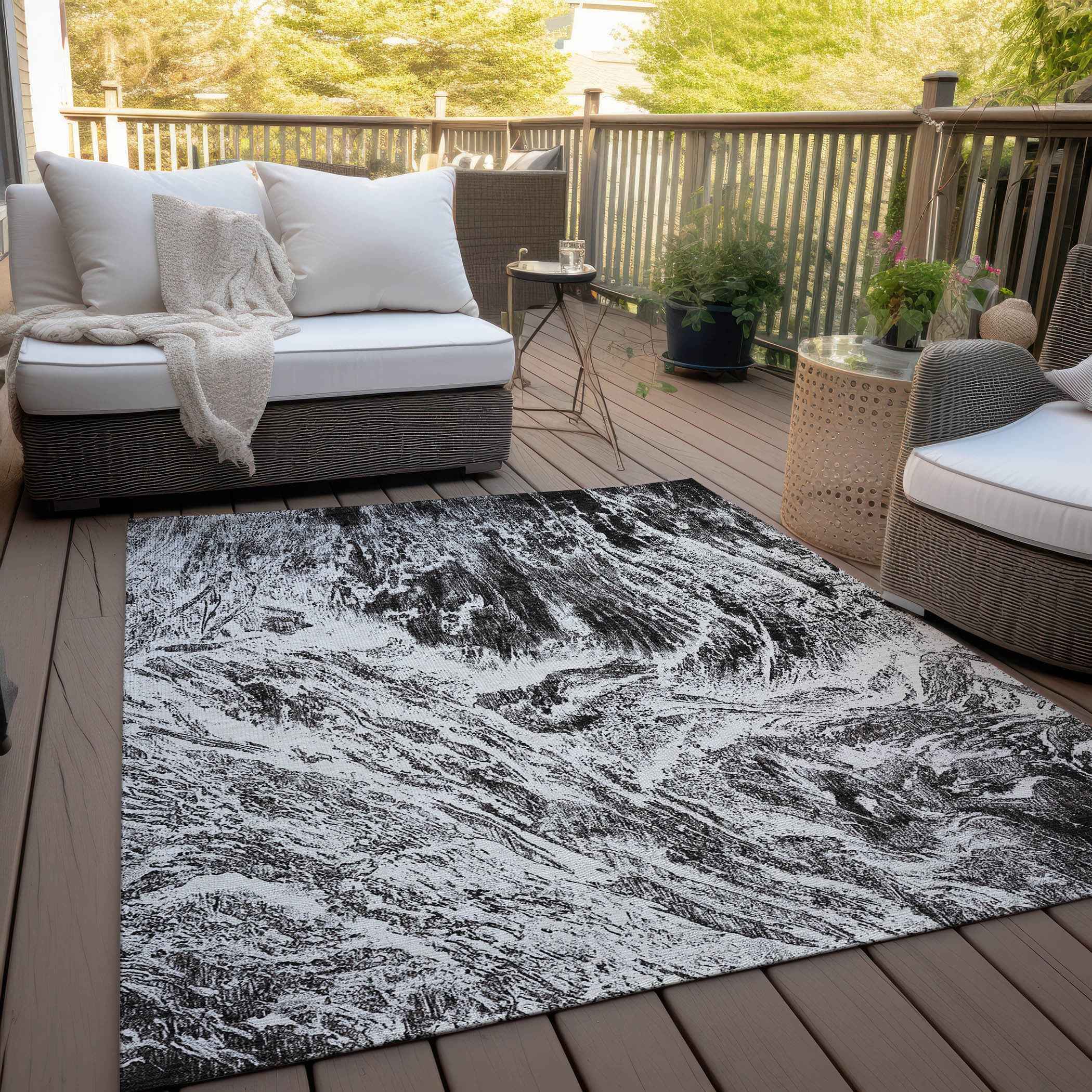 3' X 5' Black And Ivory Abstract Washable Indoor Outdoor Area Rug