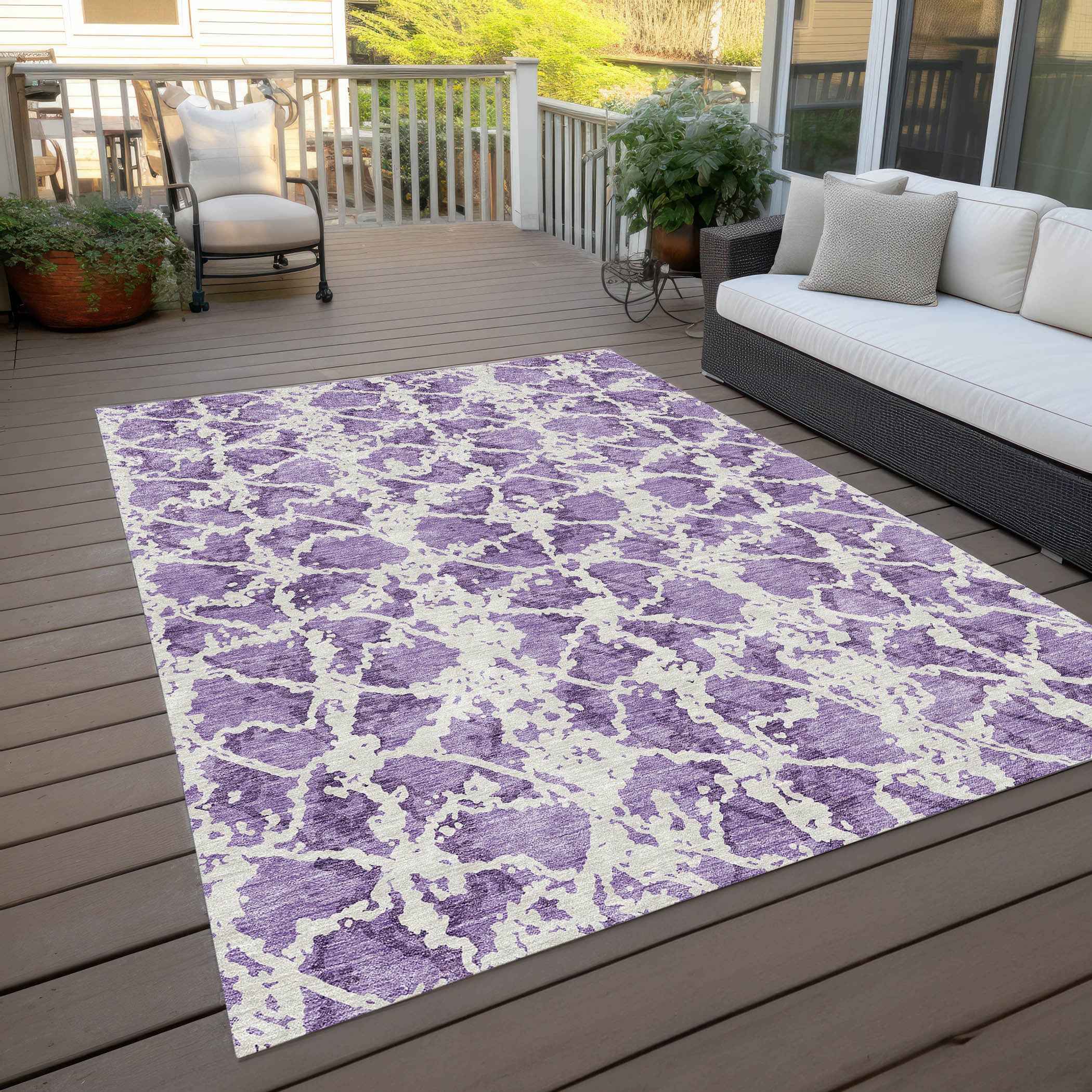 9' X 12' Lilac And Ivory Abstract Washable Indoor Outdoor Area Rug