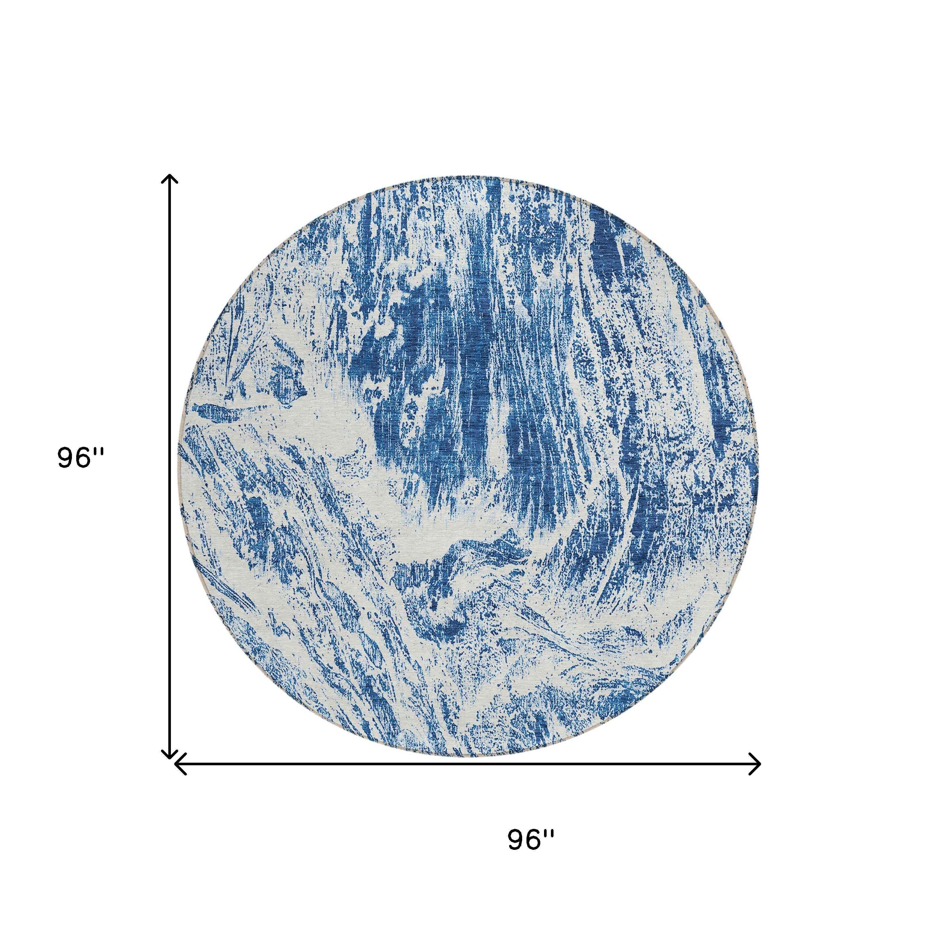 8' Navy Blue And Ivory Round Abstract Washable Indoor Outdoor Area Rug