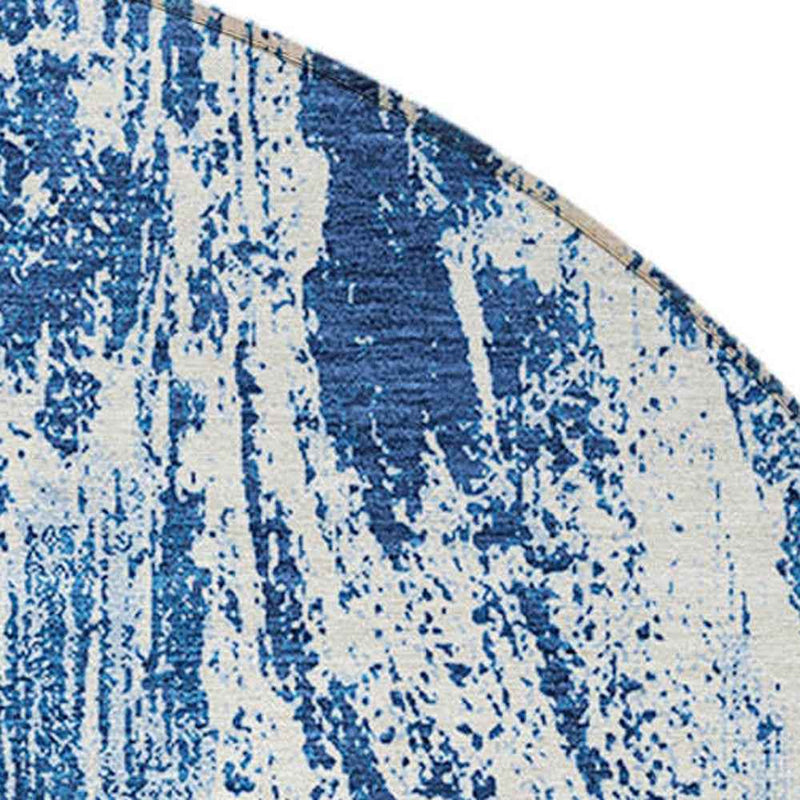 8' Navy Blue And Ivory Round Abstract Washable Indoor Outdoor Area Rug