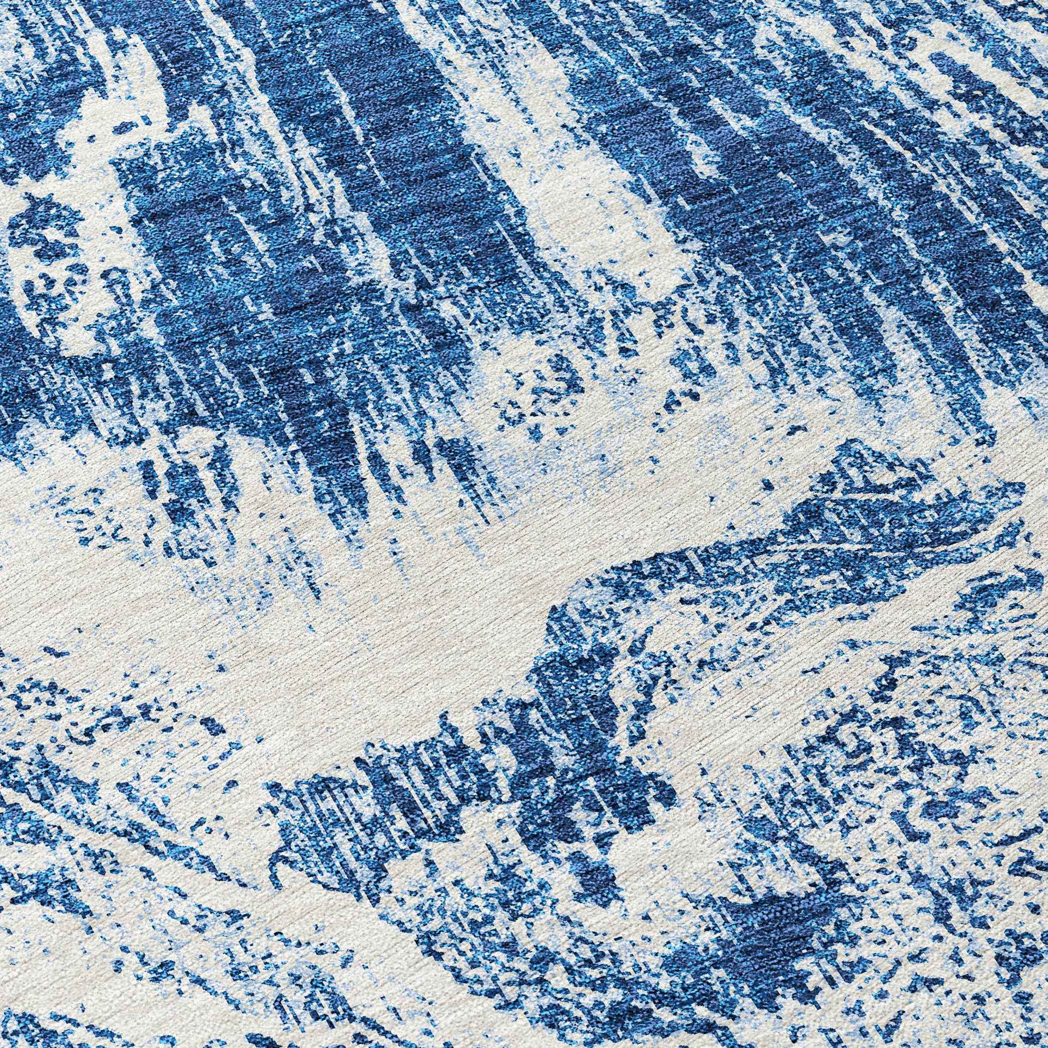 8' Navy Blue And Ivory Round Abstract Washable Indoor Outdoor Area Rug