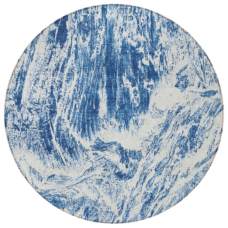 8' Navy Blue And Ivory Round Abstract Washable Indoor Outdoor Area Rug