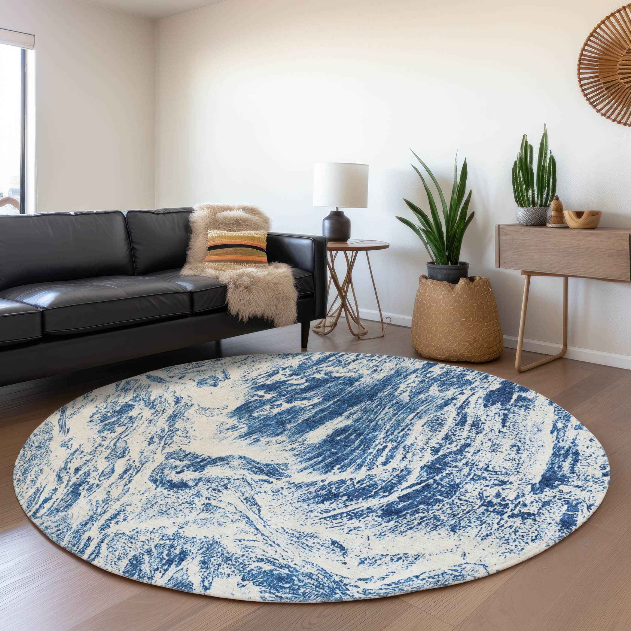 8' Navy Blue And Ivory Round Abstract Washable Indoor Outdoor Area Rug