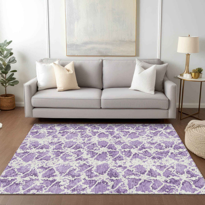 5' X 8' Lilac And Ivory Abstract Washable Indoor Outdoor Area Rug