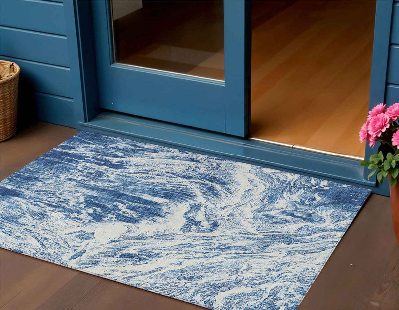 3' X 5' Navy Blue And Ivory Abstract Washable Indoor Outdoor Area Rug