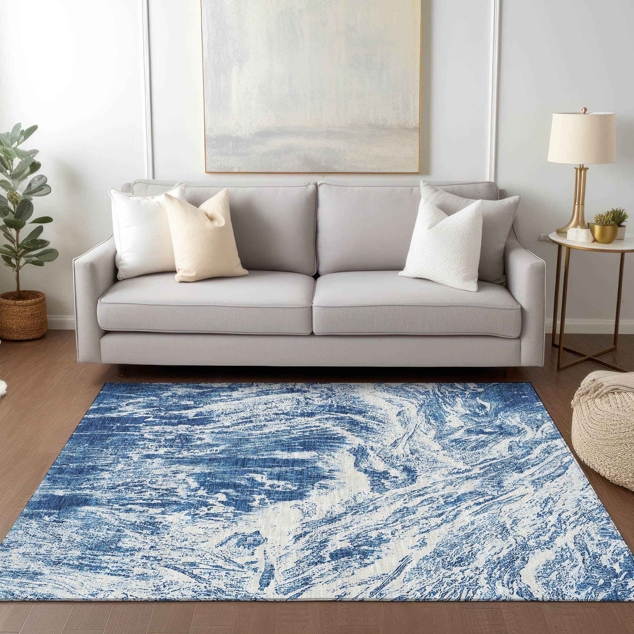 3' X 5' Navy Blue And Ivory Abstract Washable Indoor Outdoor Area Rug