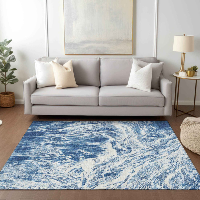 3' X 5' Navy Blue And Ivory Abstract Washable Indoor Outdoor Area Rug
