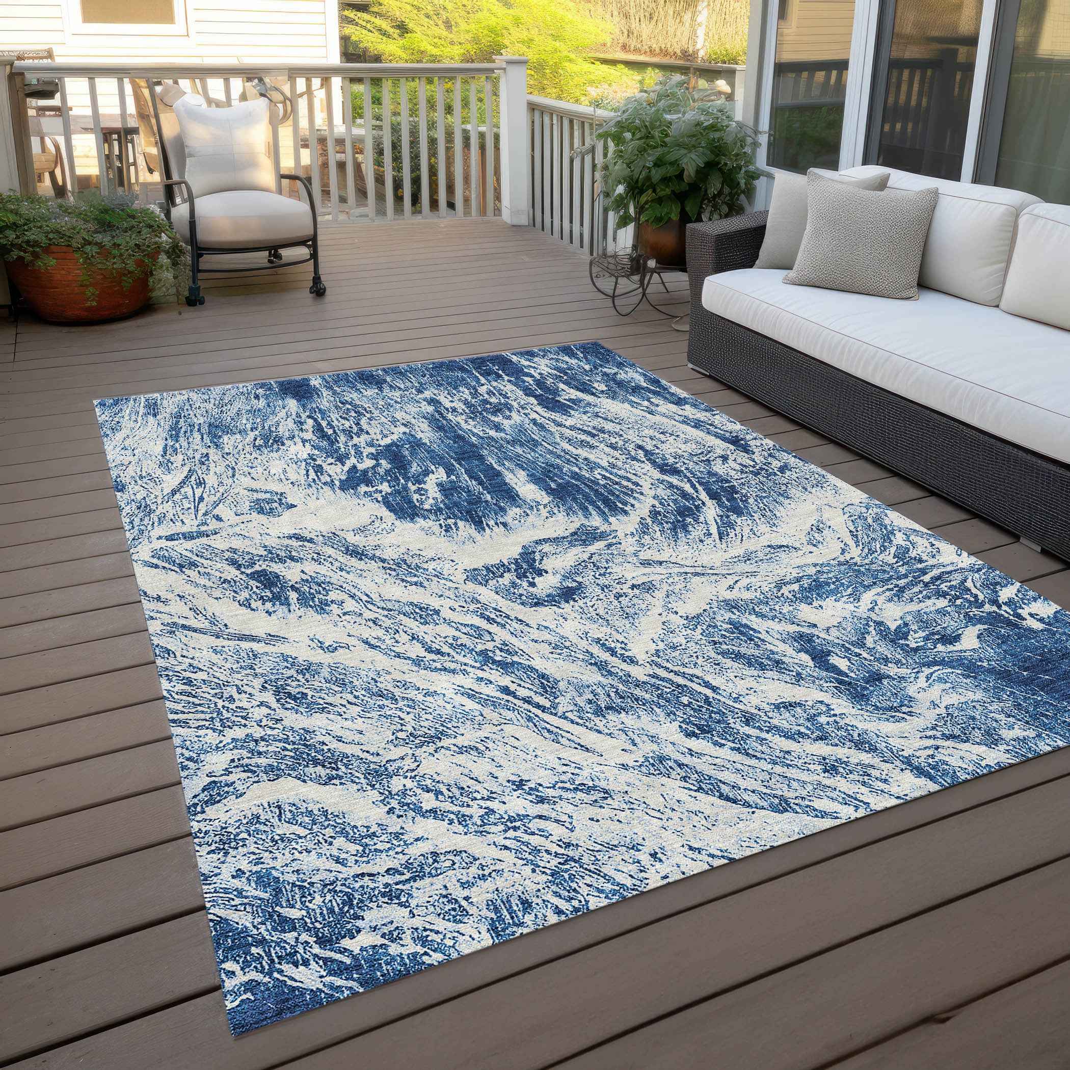 3' X 5' Navy Blue And Ivory Abstract Washable Indoor Outdoor Area Rug
