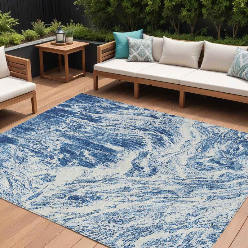 8' X 10' Navy Blue And Ivory Abstract Washable Indoor Outdoor Area Rug