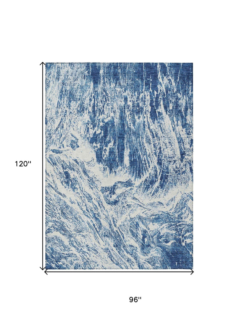 8' X 10' Navy Blue And Ivory Abstract Washable Indoor Outdoor Area Rug