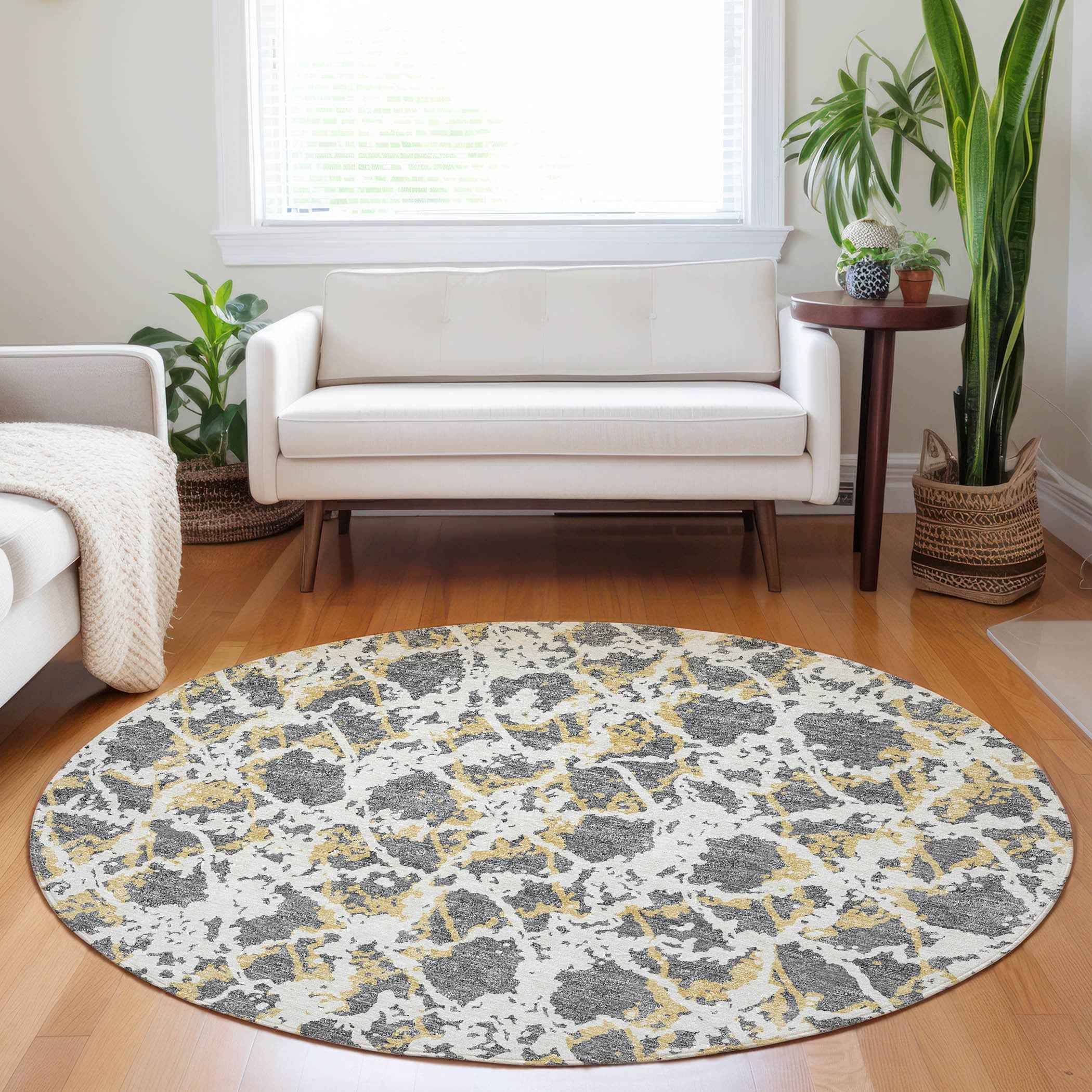 8' Gray And Ivory Round Abstract Washable Indoor Outdoor Area Rug