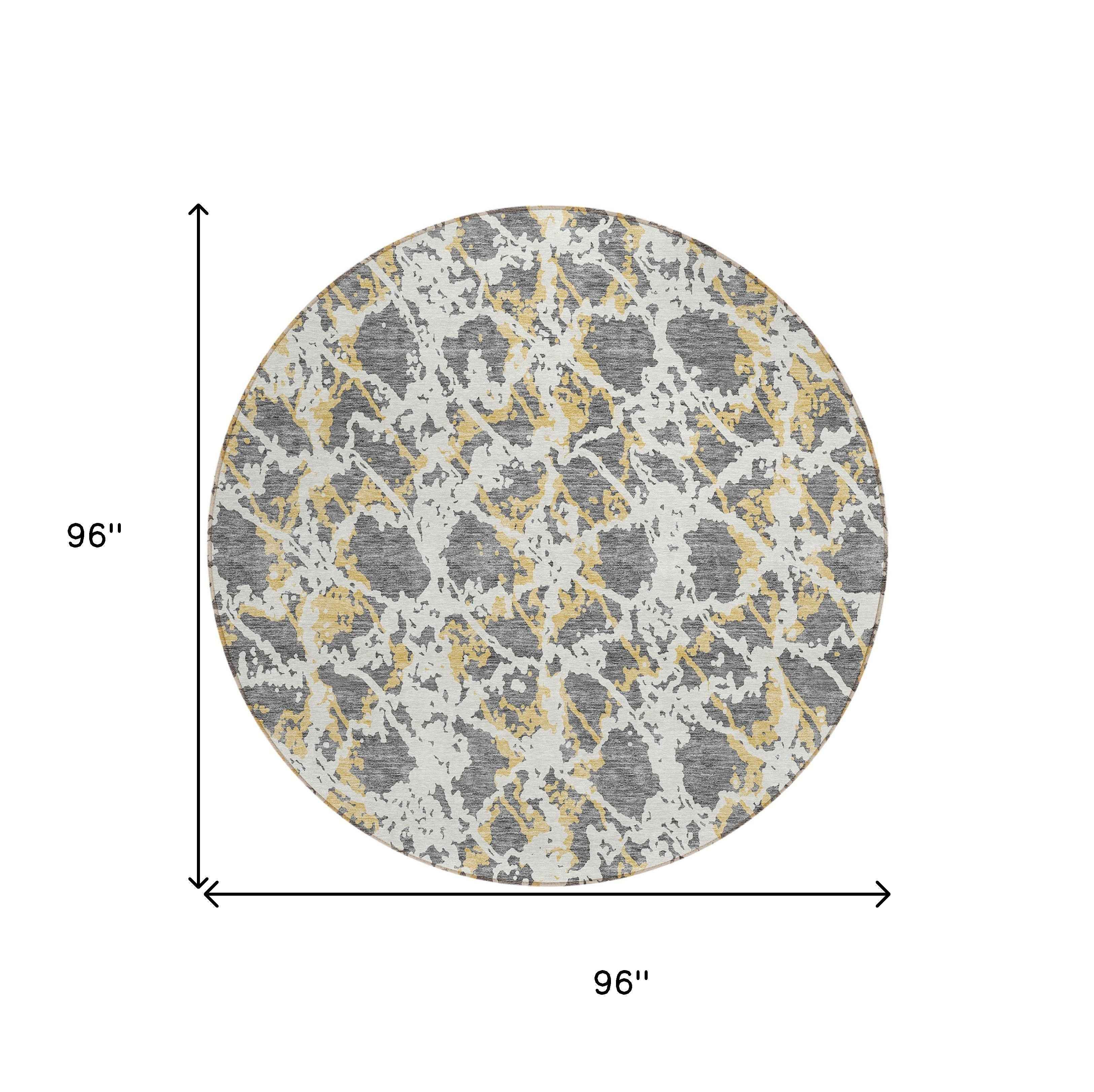 8' Gray And Ivory Round Abstract Washable Indoor Outdoor Area Rug