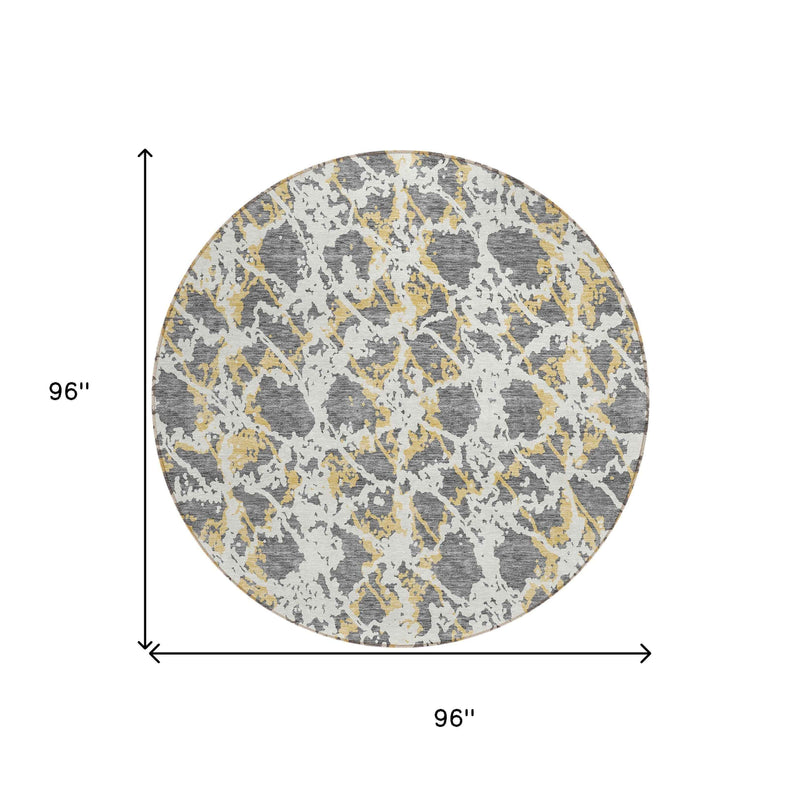 8' Gray And Ivory Round Abstract Washable Indoor Outdoor Area Rug