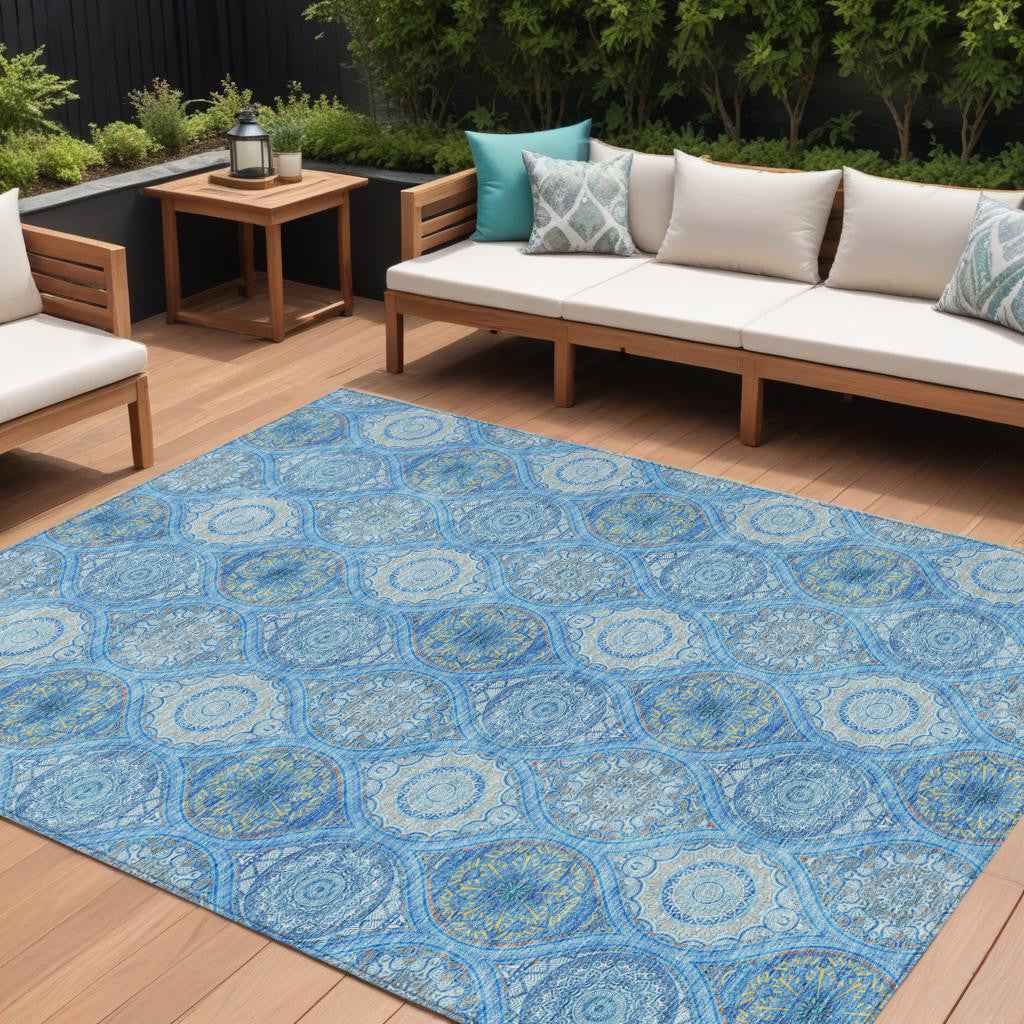 9' X 12' Denim Blue Sky Blue And Ivory Floral Medallion Washable Indoor Outdoor Area Rug