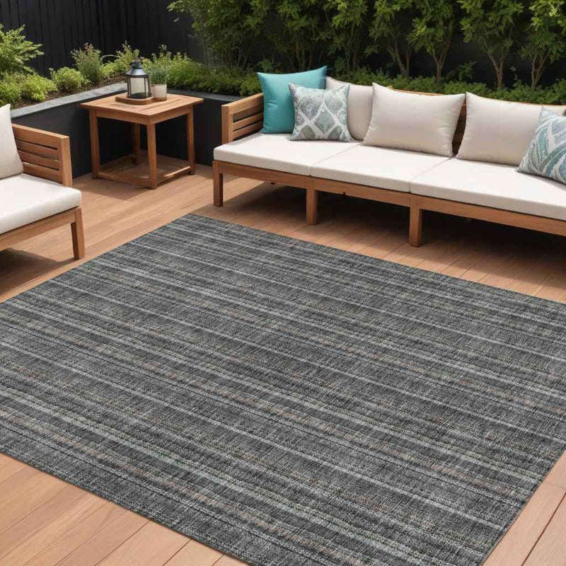8' X 10' Gray And Silver Striped Washable Indoor Outdoor Area Rug