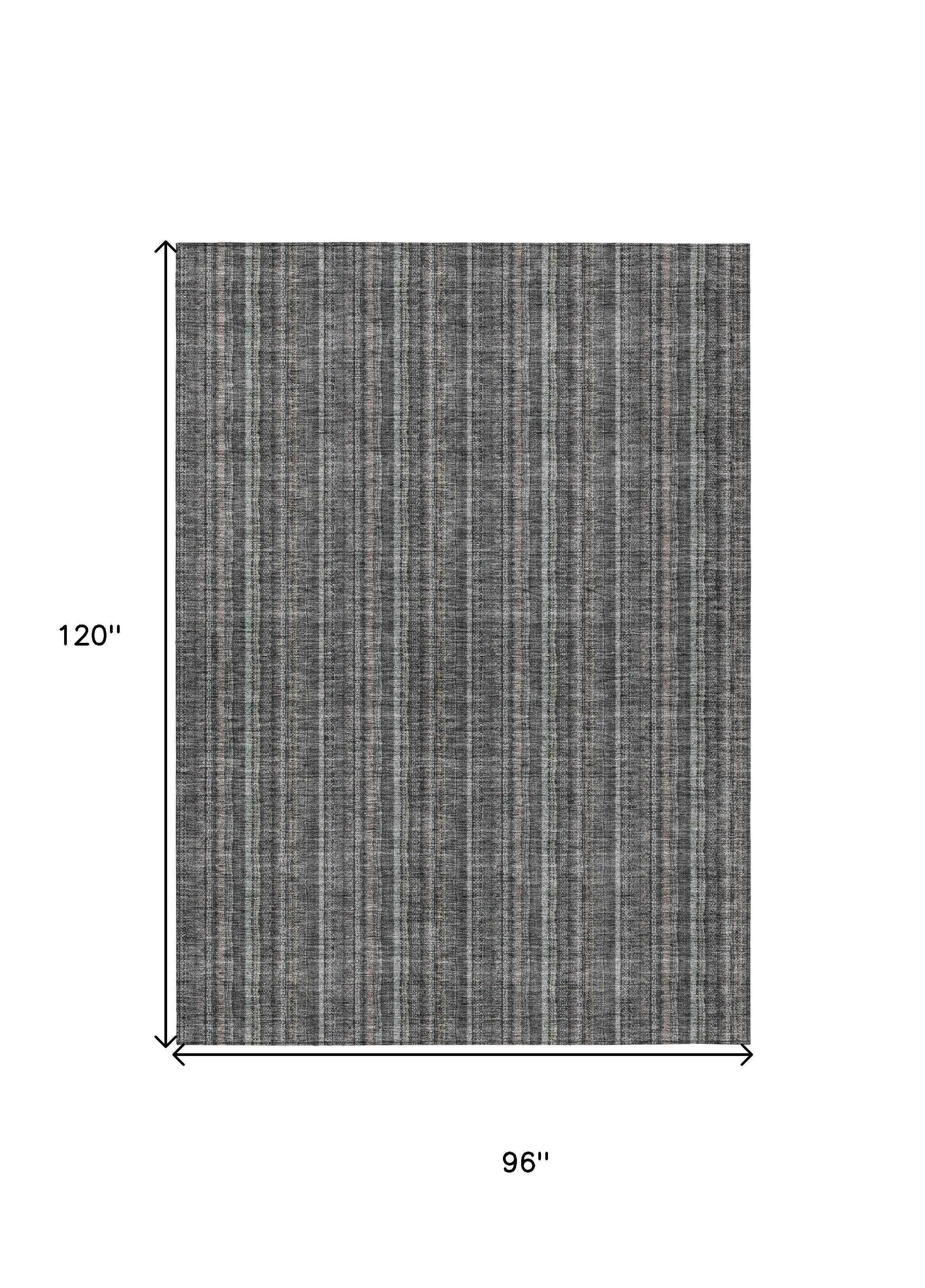 8' X 10' Gray And Silver Striped Washable Indoor Outdoor Area Rug