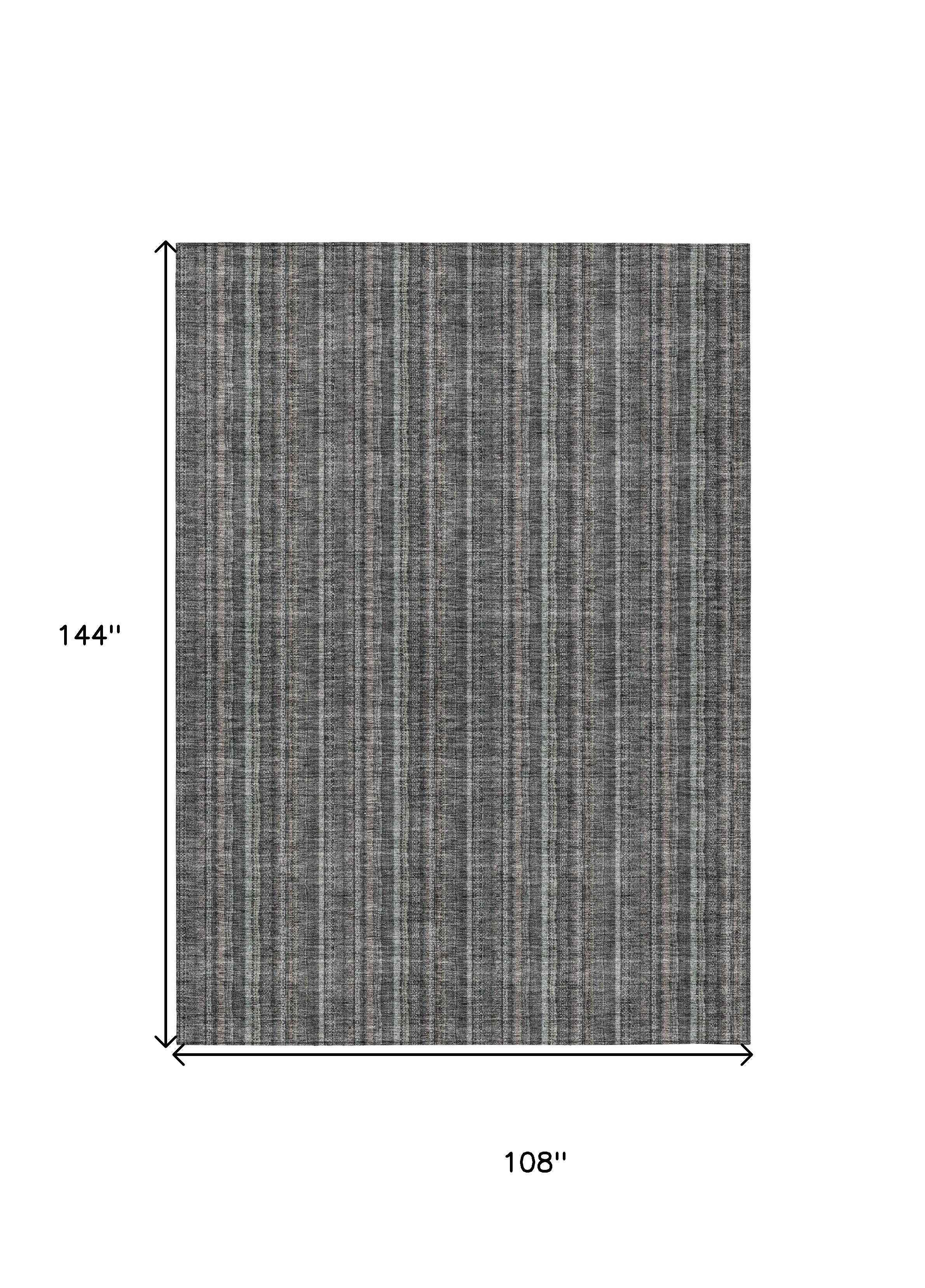 9' X 12' Gray And Silver Striped Washable Indoor Outdoor Area Rug