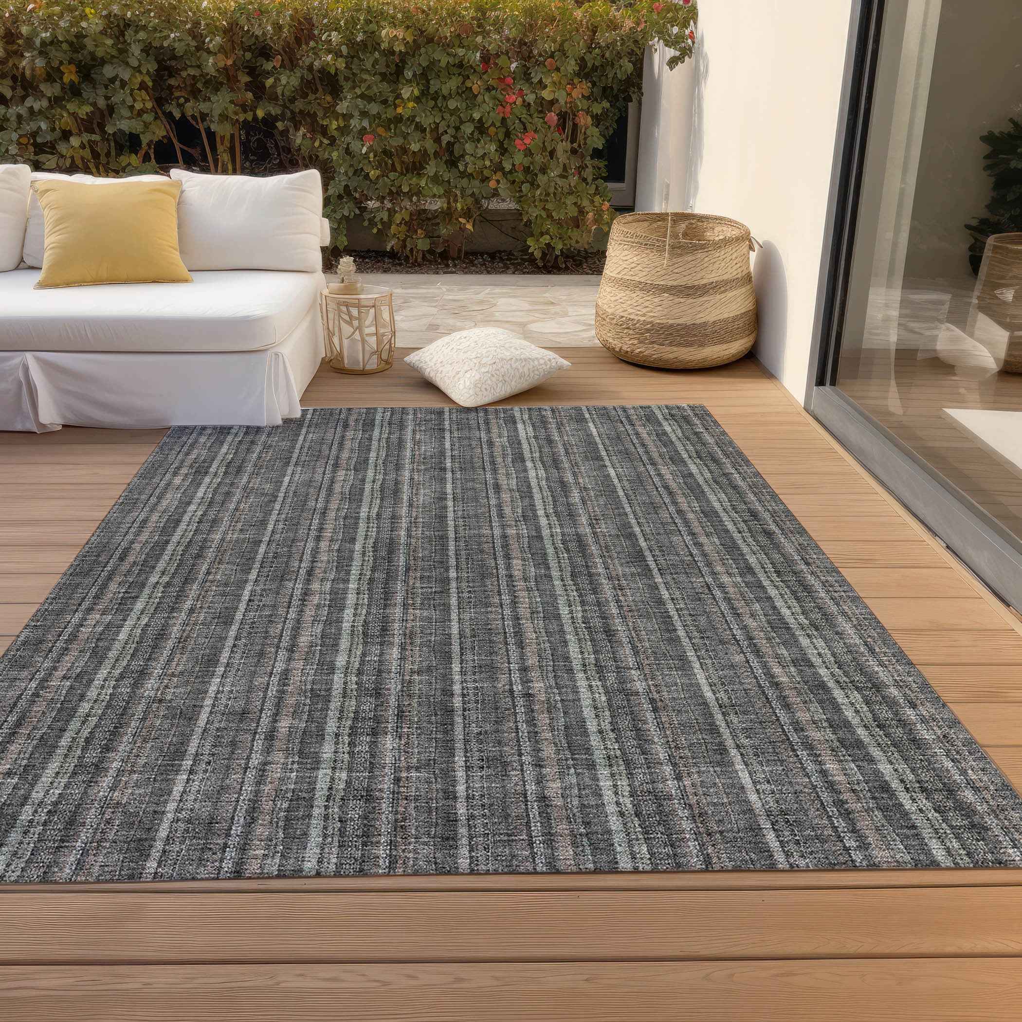 9' X 12' Gray And Silver Striped Washable Indoor Outdoor Area Rug
