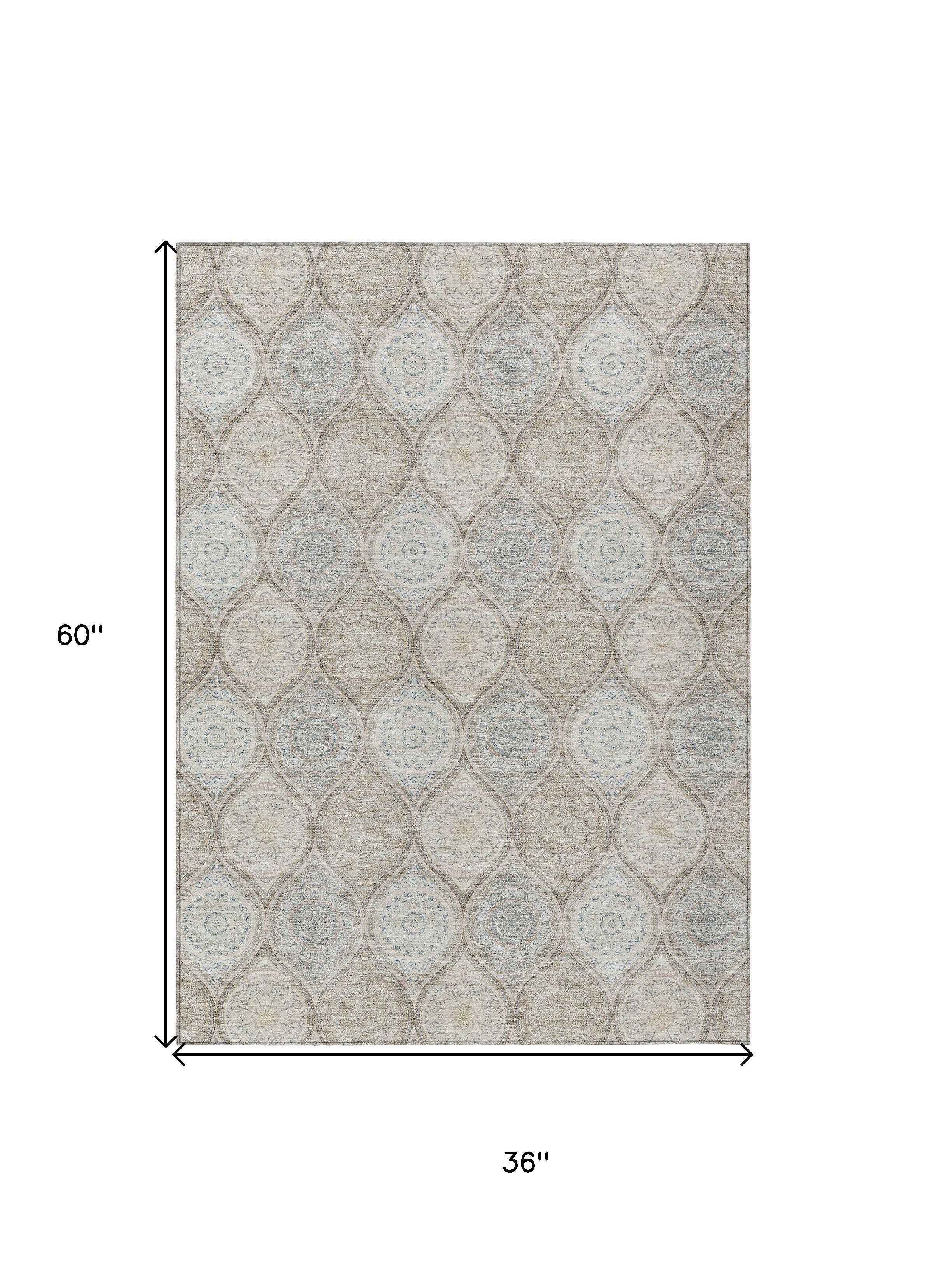 3' X 5' Taupe Beige And Khaki Floral Medallion Washable Indoor Outdoor Area Rug