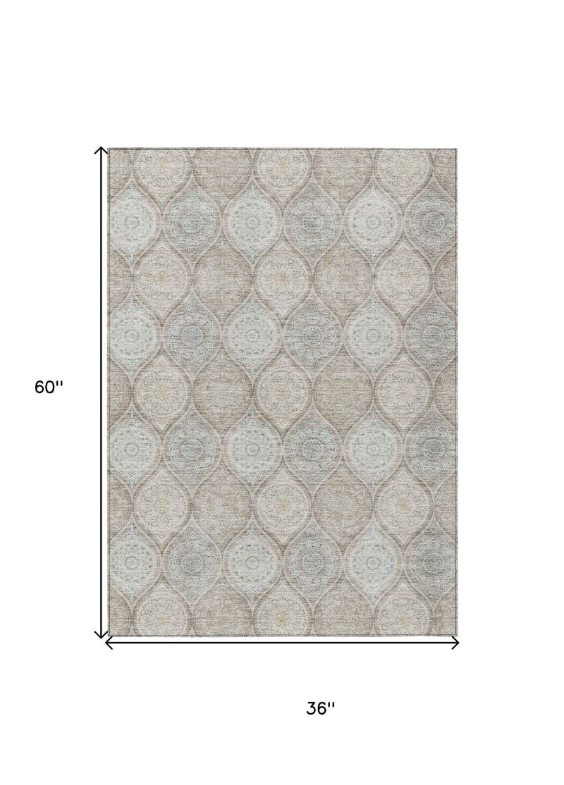 3' X 5' Taupe Beige And Khaki Floral Medallion Washable Indoor Outdoor Area Rug
