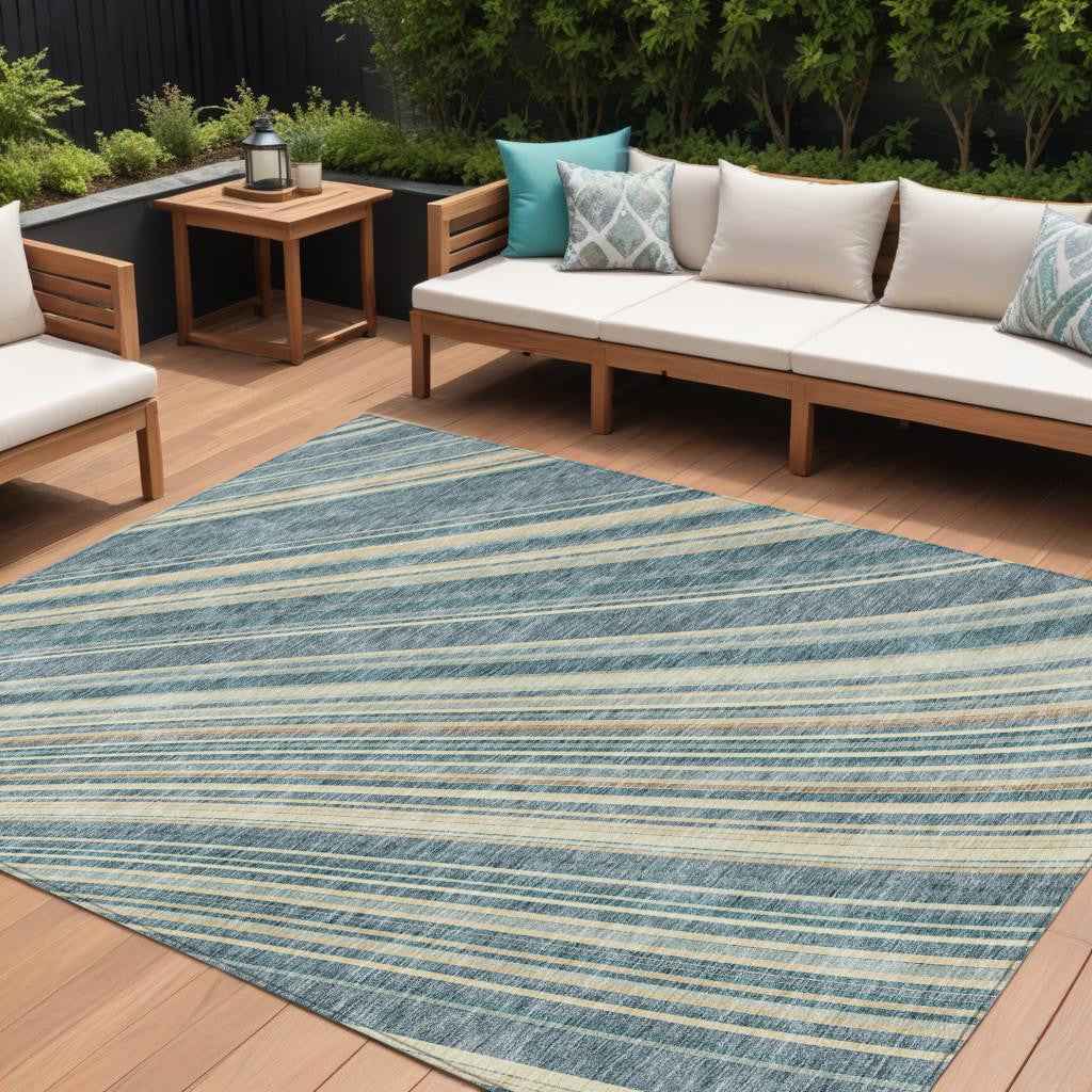 9' X 12' Sky Blue Beige And Tan Striped Washable Indoor Outdoor Area Rug