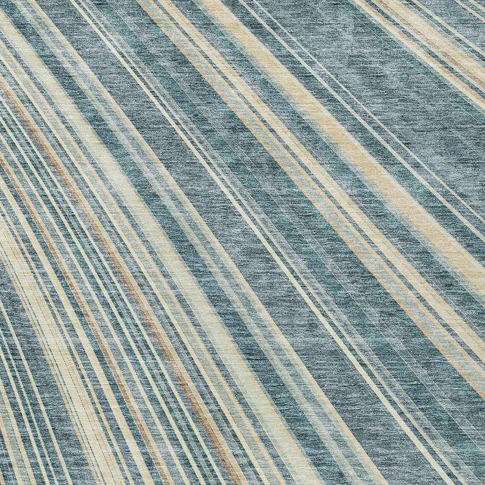 9' X 12' Sky Blue Beige And Tan Striped Washable Indoor Outdoor Area Rug