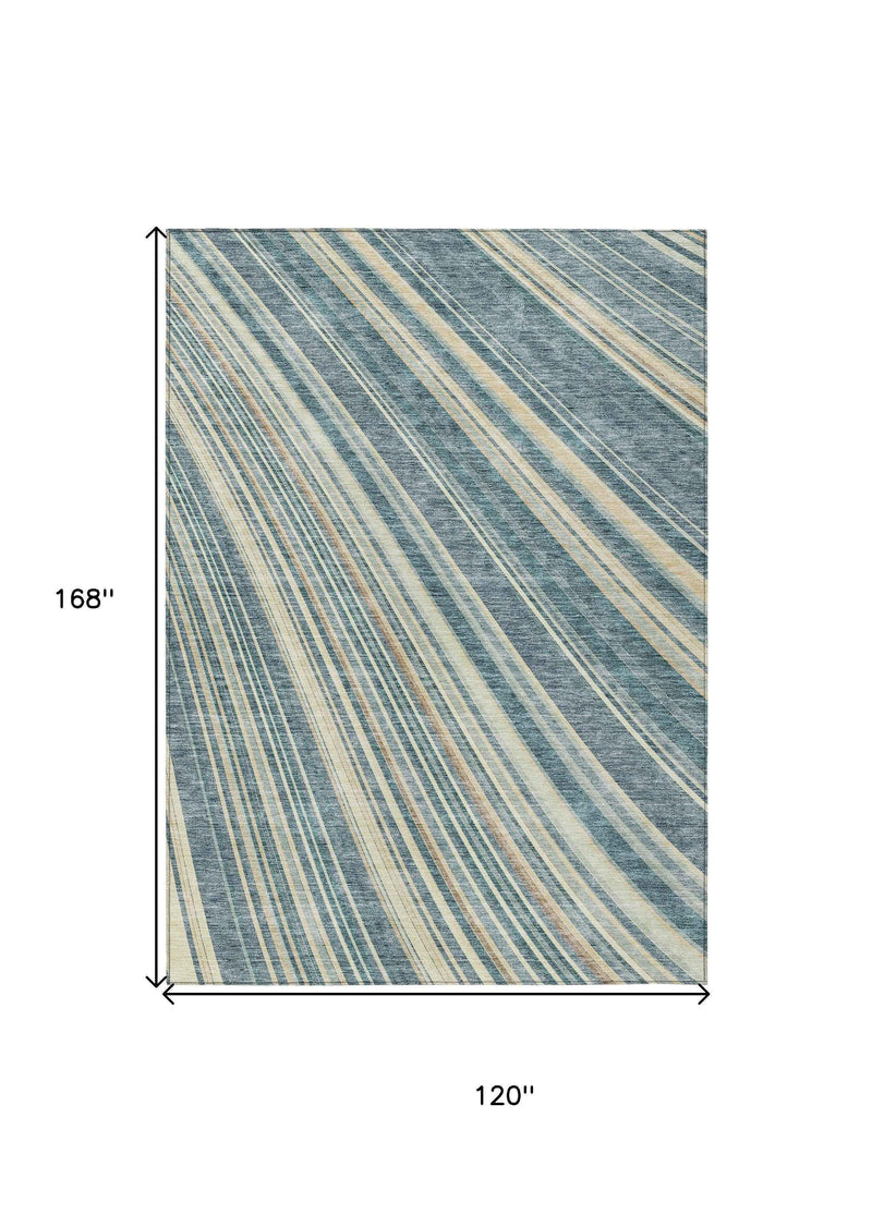 10' X 14' Sky Blue Beige And Tan Striped Washable Indoor Outdoor Area Rug