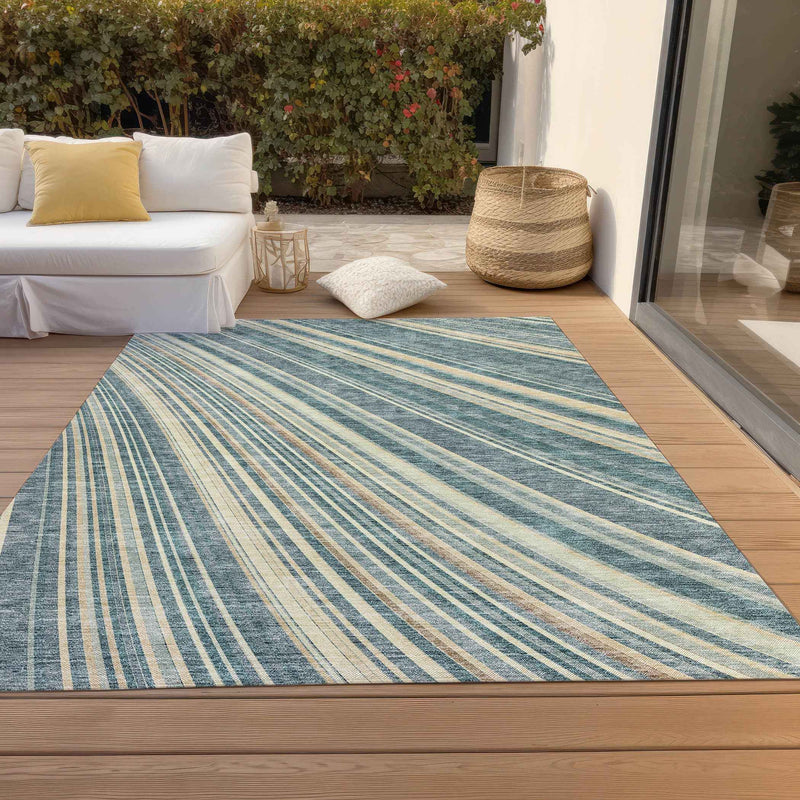 10' X 14' Sky Blue Beige And Tan Striped Washable Indoor Outdoor Area Rug