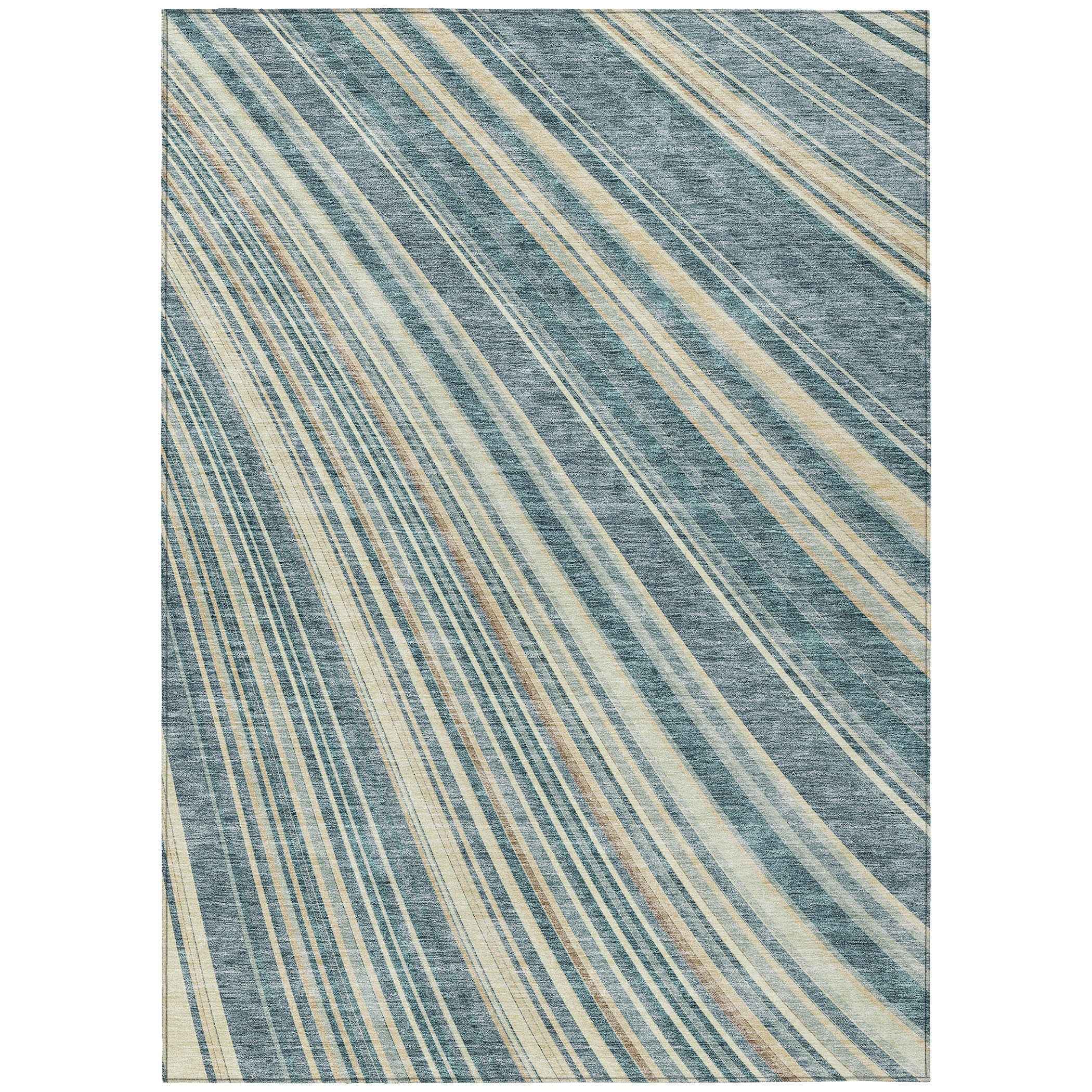 10' X 14' Sky Blue Beige And Tan Striped Washable Indoor Outdoor Area Rug