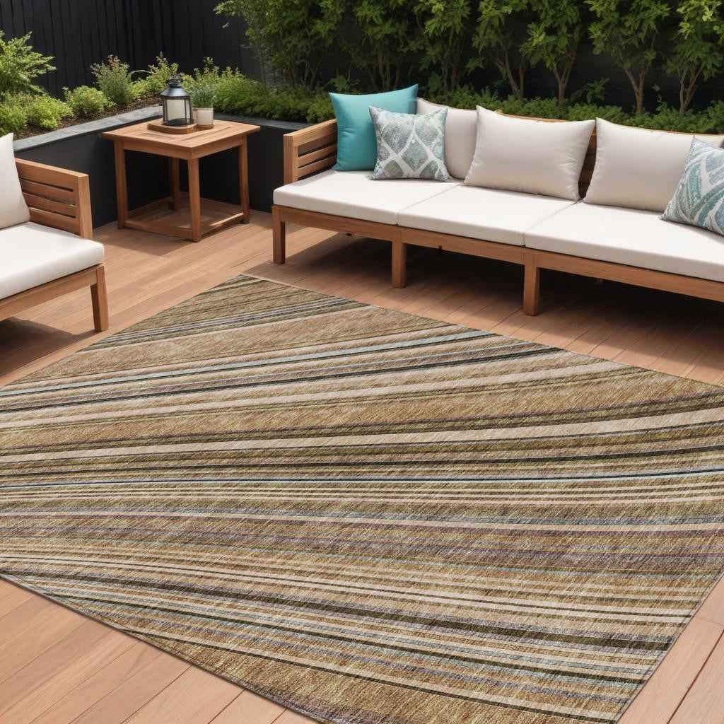 10' X 14' Taupe Beige And Brown Striped Washable Indoor Outdoor Area Rug
