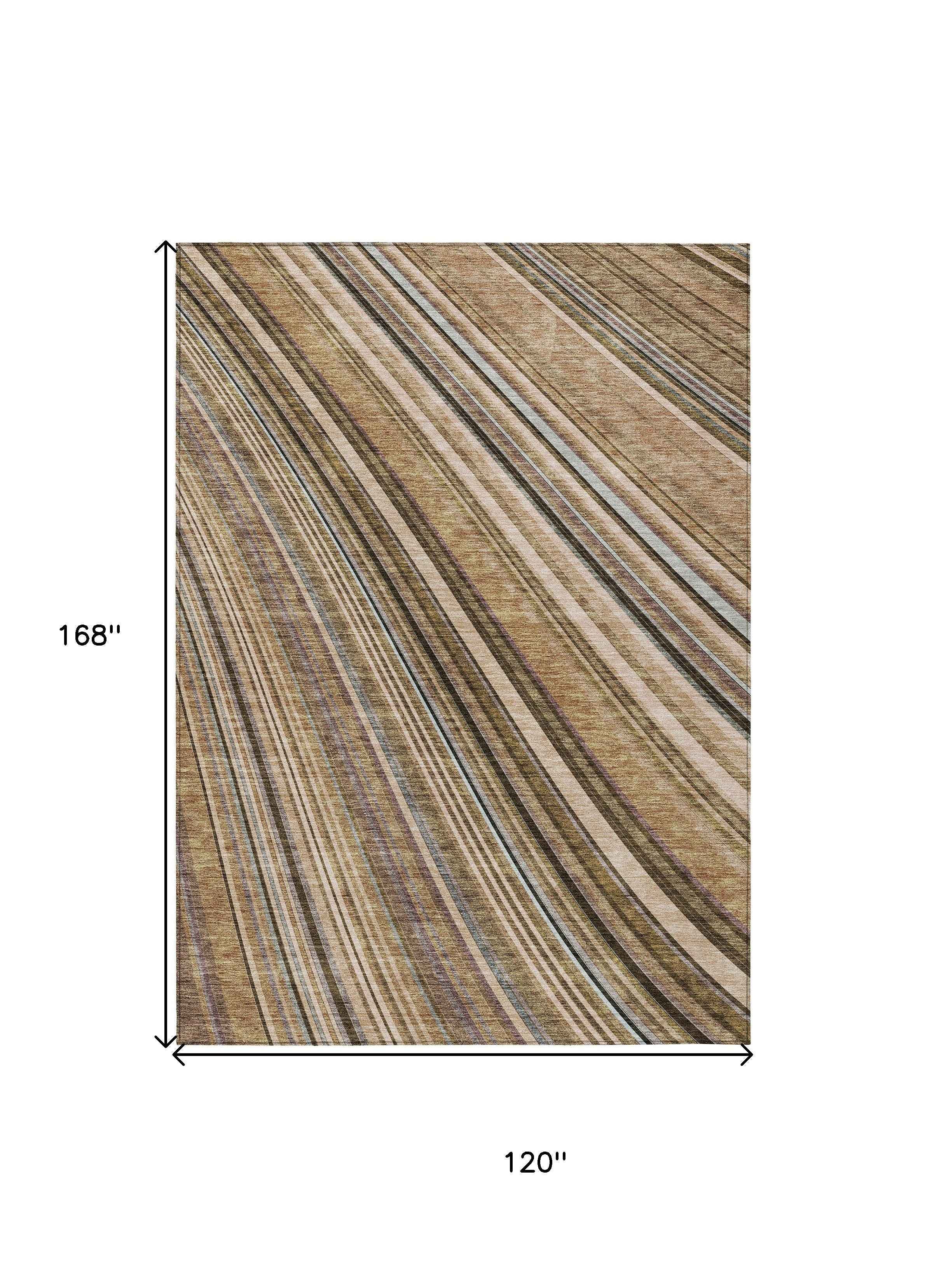 10' X 14' Taupe Beige And Brown Striped Washable Indoor Outdoor Area Rug