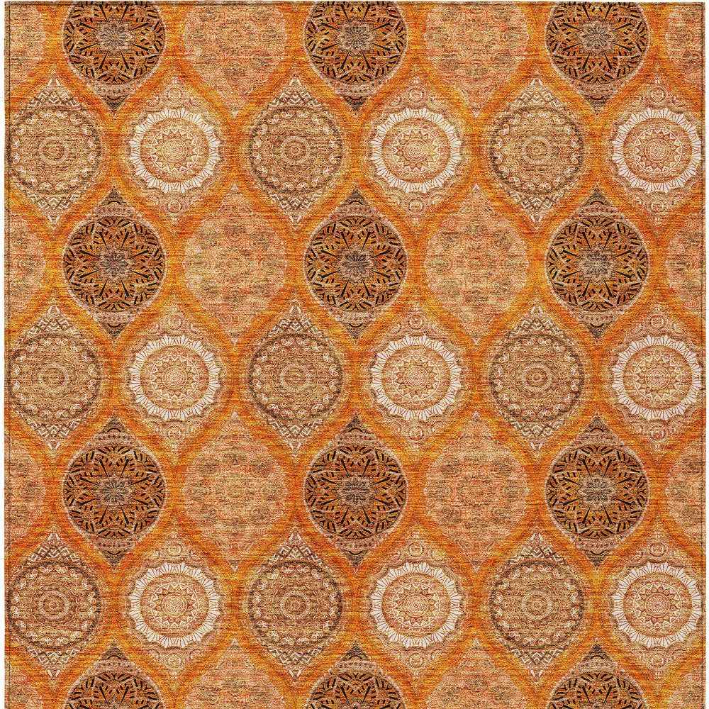 3' X 5' Orange Ivory And Gray Floral Medallion Washable Indoor Outdoor Area Rug