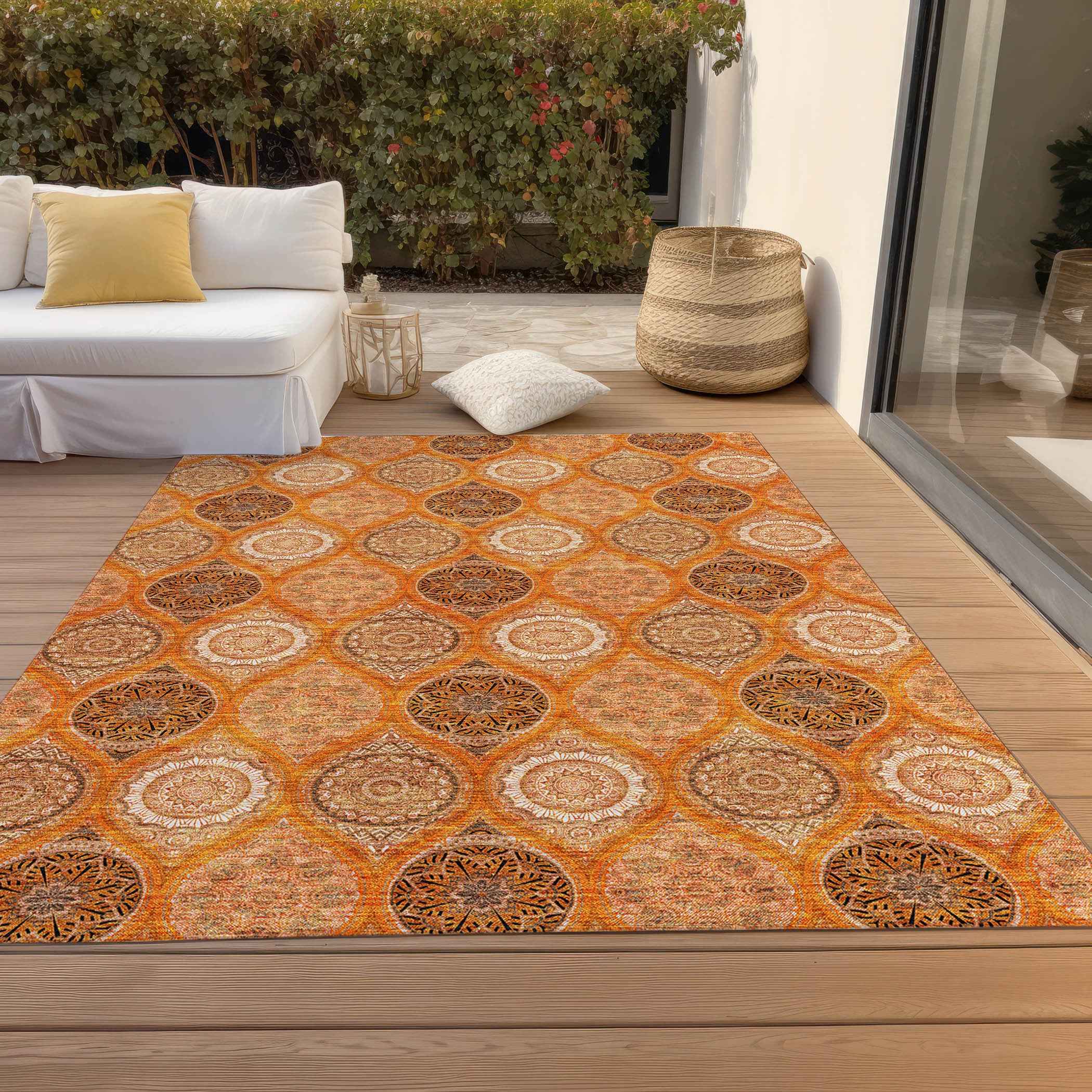 3' X 5' Orange Ivory And Gray Floral Medallion Washable Indoor Outdoor Area Rug
