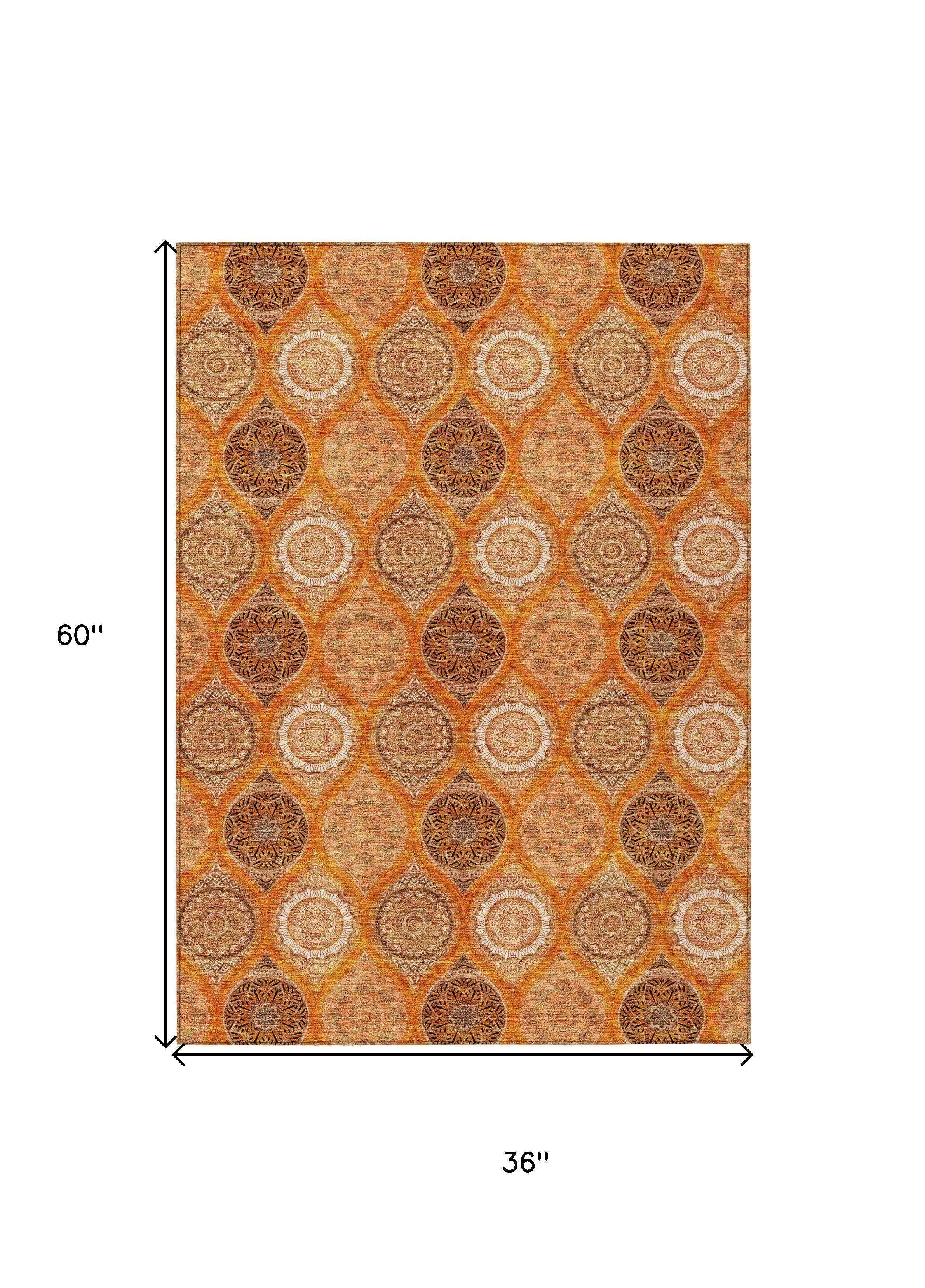3' X 5' Orange Ivory And Gray Floral Medallion Washable Indoor Outdoor Area Rug