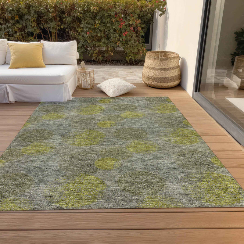 9' X 12' Gray Lime Green And Silver Polka Dot Washable Indoor Outdoor Area Rug
