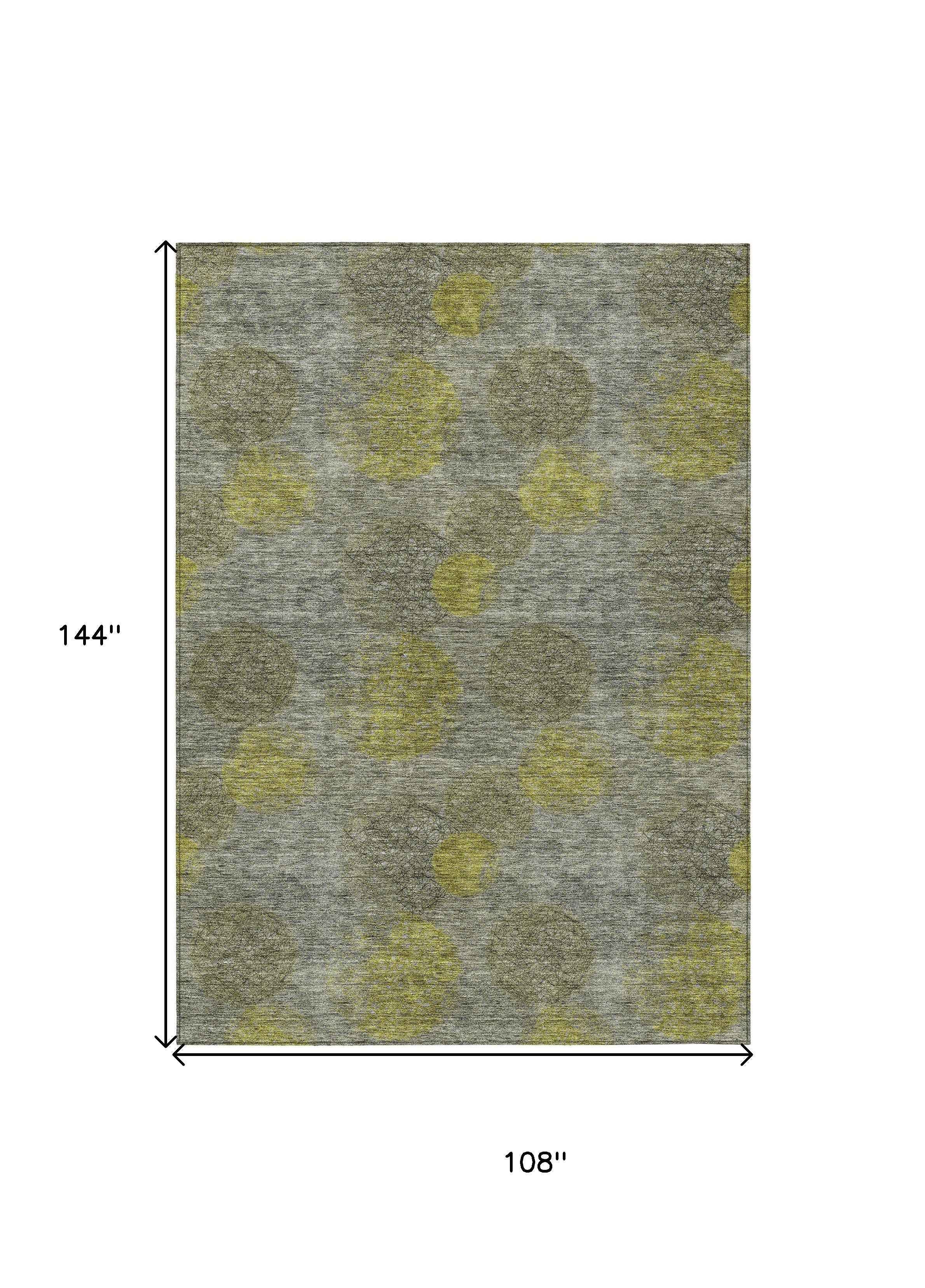 9' X 12' Gray Lime Green And Silver Polka Dot Washable Indoor Outdoor Area Rug