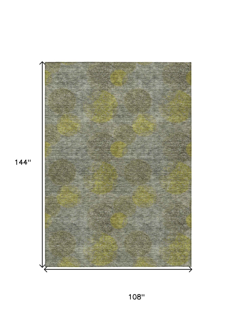 9' X 12' Gray Lime Green And Silver Polka Dot Washable Indoor Outdoor Area Rug