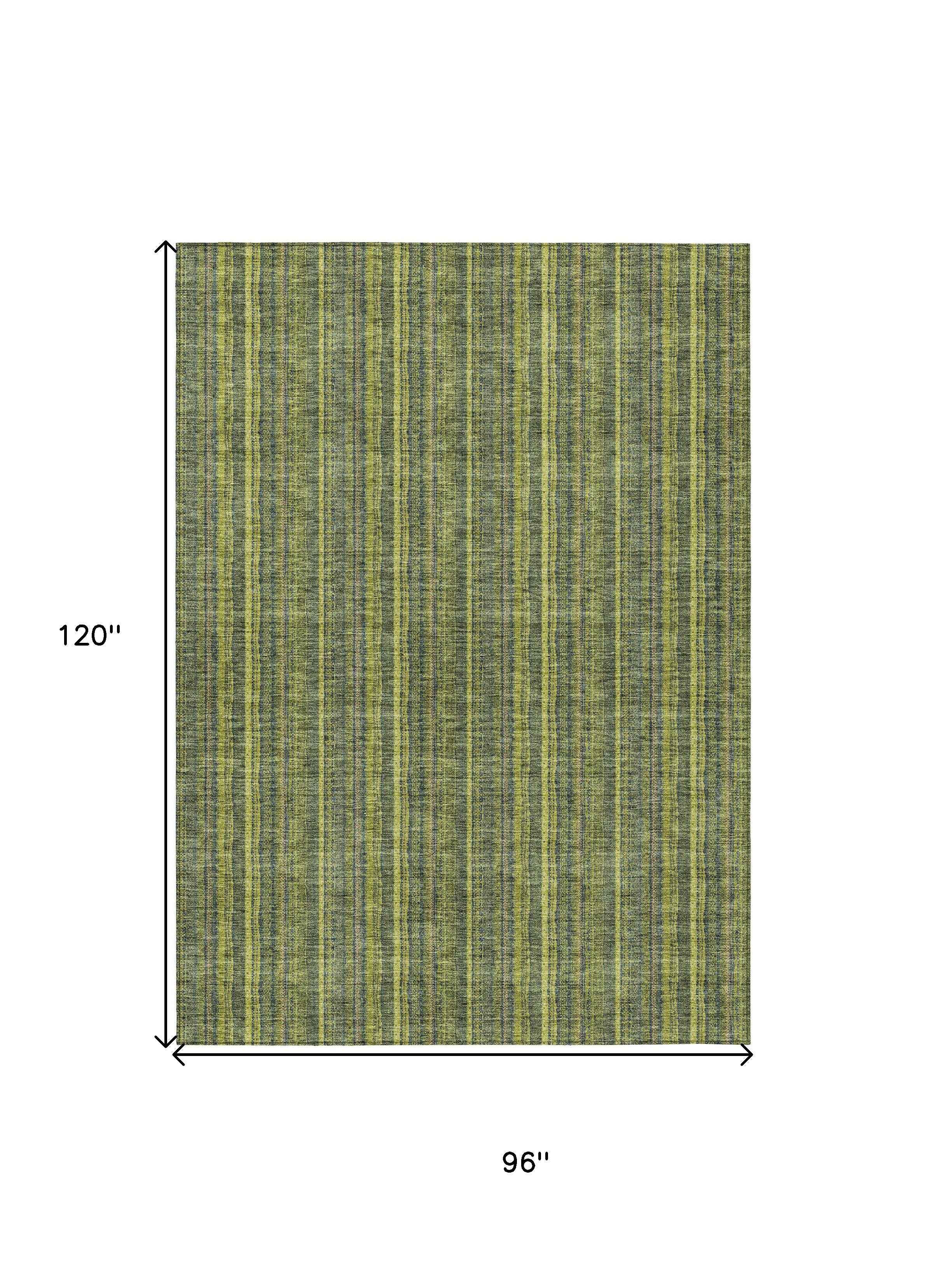 8' X 10' Olive Green And Lime Green Striped Washable Indoor Outdoor Area Rug
