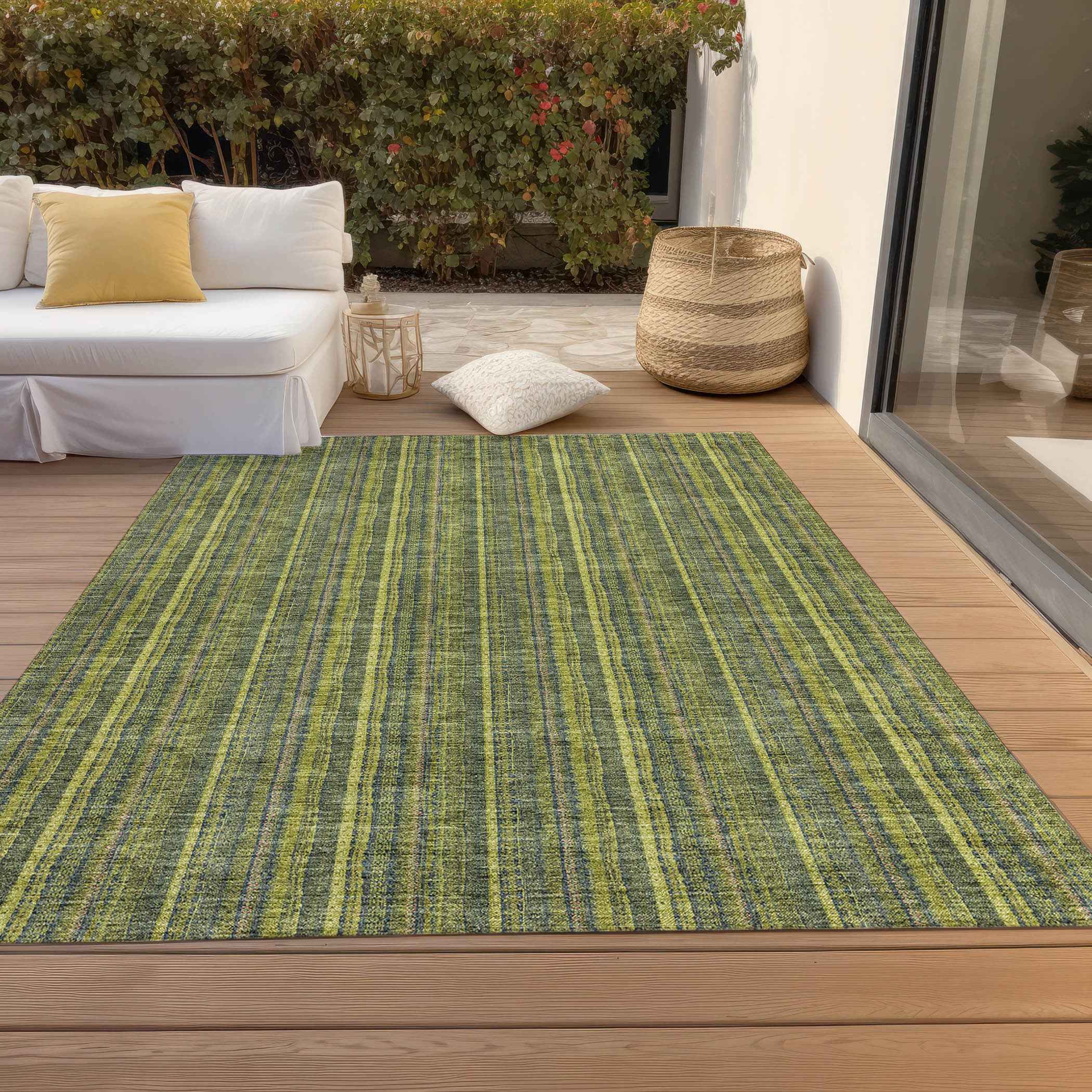 8' X 10' Olive Green And Lime Green Striped Washable Indoor Outdoor Area Rug