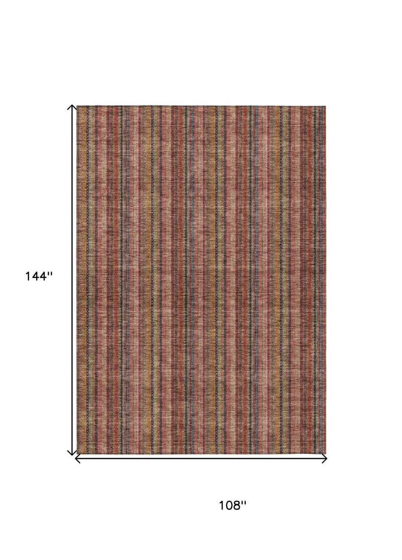 9' X 12' Blush Burgundy And Pink Striped Washable Indoor Outdoor Area Rug
